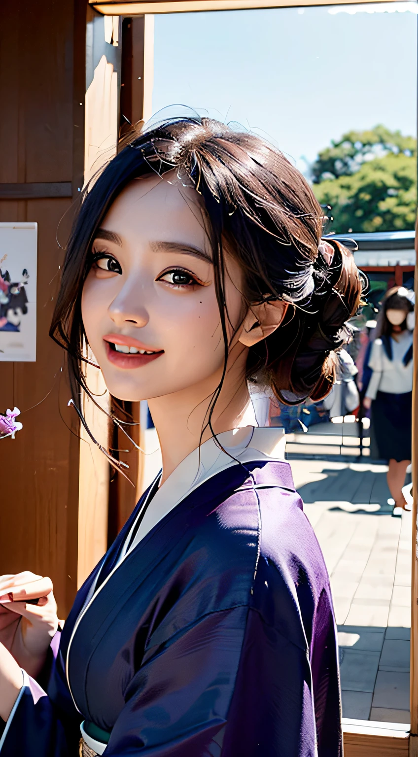 best qualtiy、masterpiece、photoRealstic、intricate-detail、Raw foto、Photon Rendering、Octane Rendering、absurderes、ultra-detailliert、A detailed face、Detailed skin、Trending in art stations、8K Masterpiece、lighting like a movie、( (1girl in))、((独奏) ))、CG Social Trends、Plastic En、((Black Long Hair))、((Beautuful Women))、(A smile)、Upper teeth、Fashionable、Hair that flutters in the wind、((Flowing hair))、fashion magazine、((A sexy))、((lighting like a movie)、((indirect lighting)、、(ssex)、Grinning、(View from a distance)、((Festival of Japan))、Dark purple kimono、Hair is up、