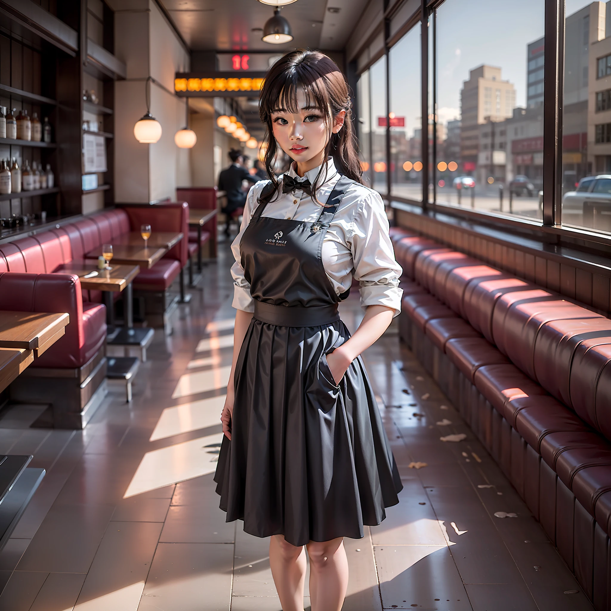 beautiful asian woman, woman in black pleated skirt, blue shirt, blue tie and high heels, standing in restaurant, wearing gray apron, full body shoot, wearing bronze  restaurant waiter rr, 20 years old, school uniform, 20 years old, full body, (waitress), girl, masterpiece, high resolution, soft light.