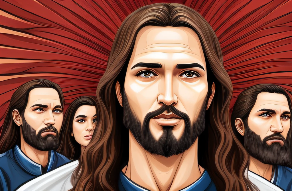 Jesus Cristo com rosto perfeito, perfect hands, olhos perfeitos, Praying with His disciples with perfect faces, perfect hands, olhos perfeitos, Jesus Cristo em Mass Effect, Jesus Cristo, catholic religious art, fan art, Retrato de Jesus Cristo, jesus of nazareth, Sakimi, imagens sagradas, Pintura religiosa, Detalhe 4K, Detalhe 4K, O Senhor e Salvador, bible illustration, altamente renderizado!!, altamente renderizado, artist rendition, Jovem Deus Todo-Poderoso