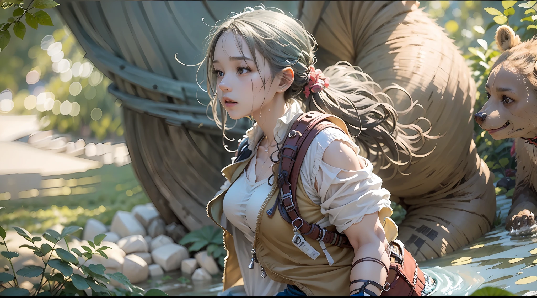 (1 girl,solo:1.2), White skin, (Wet shoulder white vest), Broken shorts, Hiking bags, embarrass, dreads, girl is running, A chest that conforms to the laws of physics, (The brown bear roared), Tall shrubs, Shaded leaves, light blue hair, single sidelock, cinematic lighting, reflection light, dutch angle, UHD, masterpiece, anatomically correct, textured skin, super detail, high details, high quality, best quality, highres, 8k, 16k