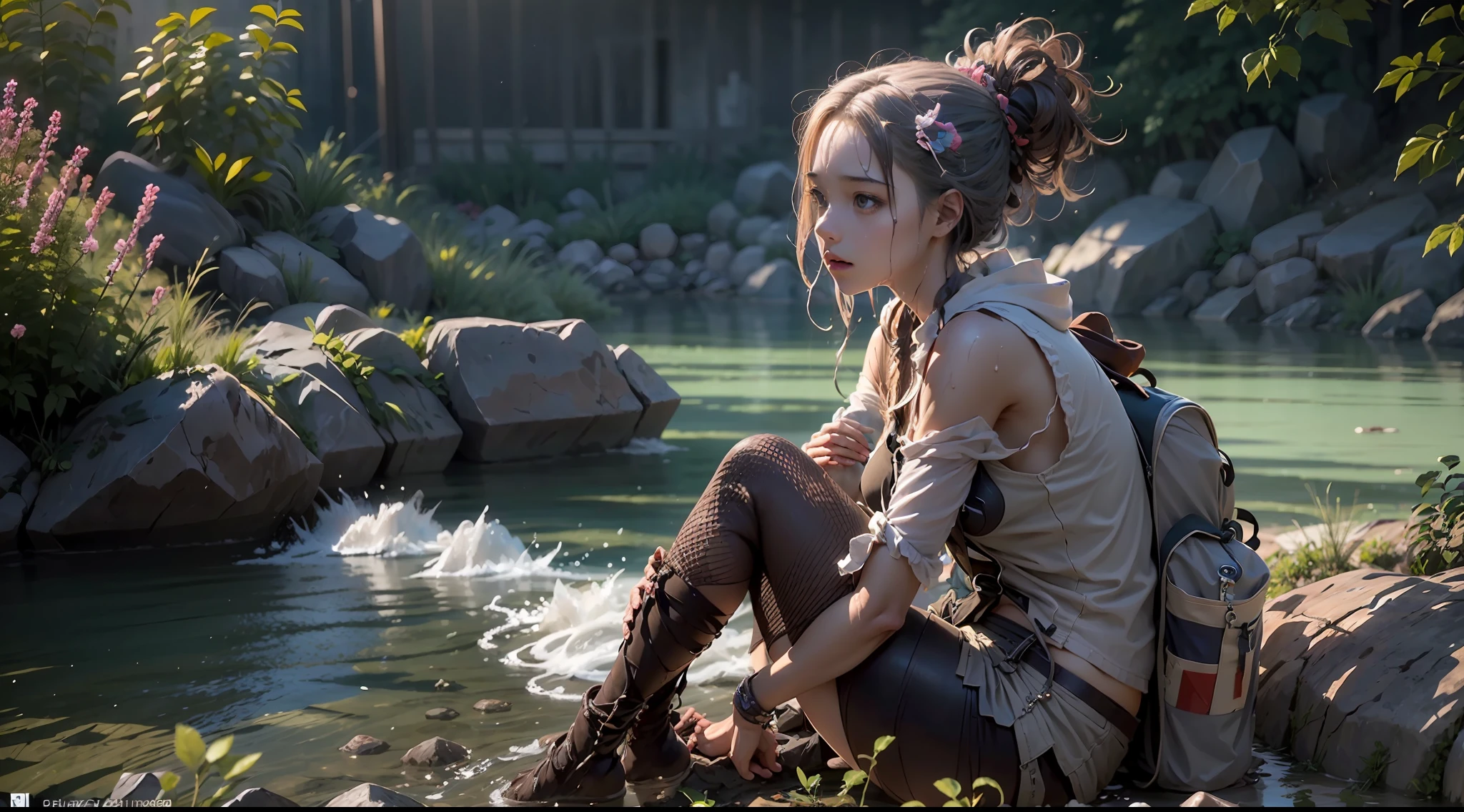 (1 girl,solo:1.2), (Wet shoulder white vest), Broken shorts, Hiking bags, embarrass, dreads, Girl sitting by the river to rest, A chest that conforms to the laws of physics, (The brown bear roared), Tall shrubs, Shaded leaves, light blue hair, single sidelock, cinematic lighting, reflection light, dutch angle, UHD, masterpiece, anatomically correct, textured skin, super detail, high details, high quality, best quality, highres, 8k, 16k