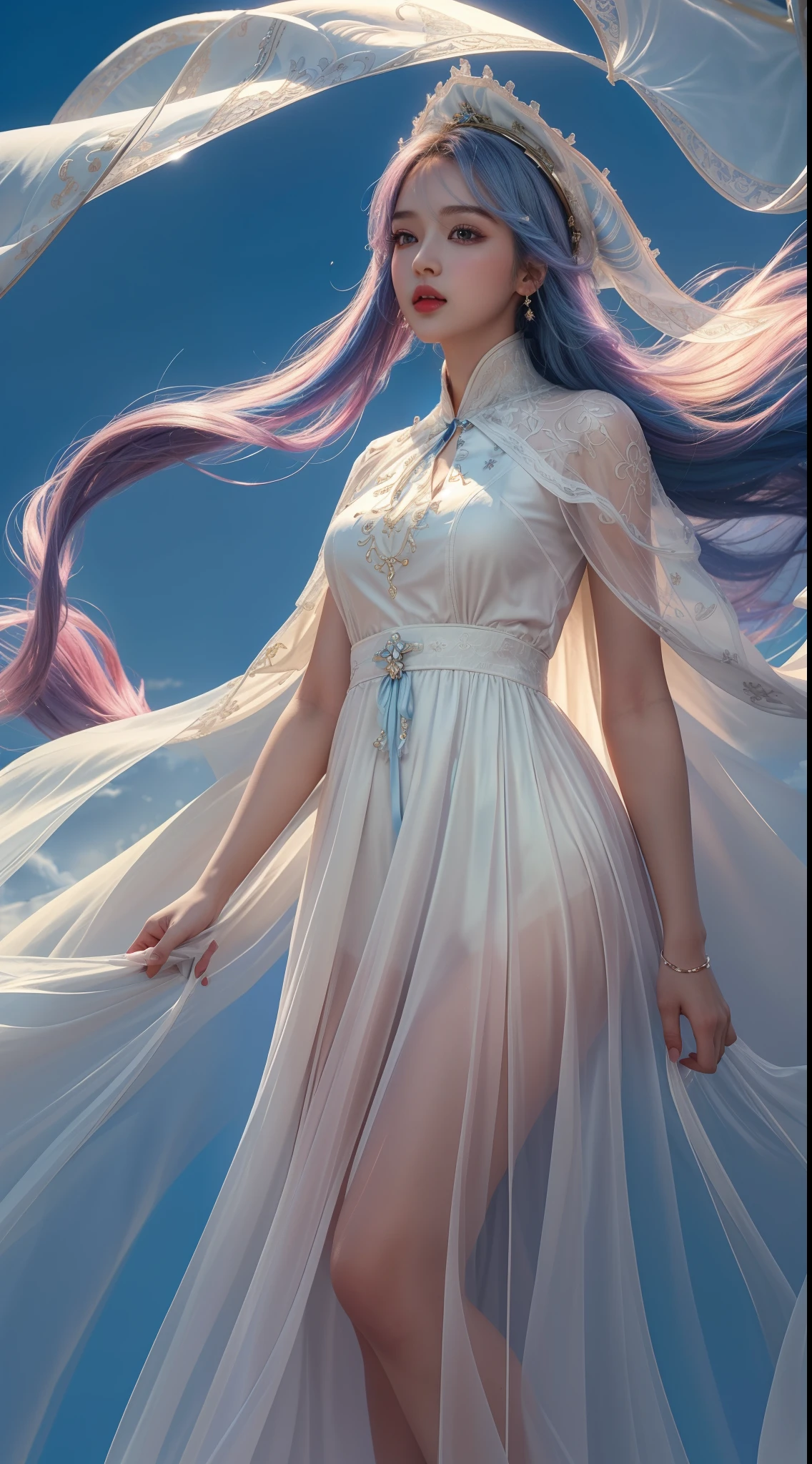 (8k, RAW photo, photorealistic:1.25) ,( lip gloss, eyelashes, glossy side, shiny skin, best quality, ultra high resolution, depth of field, chromatic aberration, caustic, wide light, natural shadow, headwear, kpop idol) ,light pink and blue style, 1girl, (blue sky: 1.5), tall and thin beauty goddess, flowing dress, conservative girl, cloud goddess, flowing white fabric, wearing a flowing dress, realistic, (Blue sky and white clouds in background: 1.4), (wind: 1.5), (Full body: 1.5), nhjy, a dress with a long train and a cape