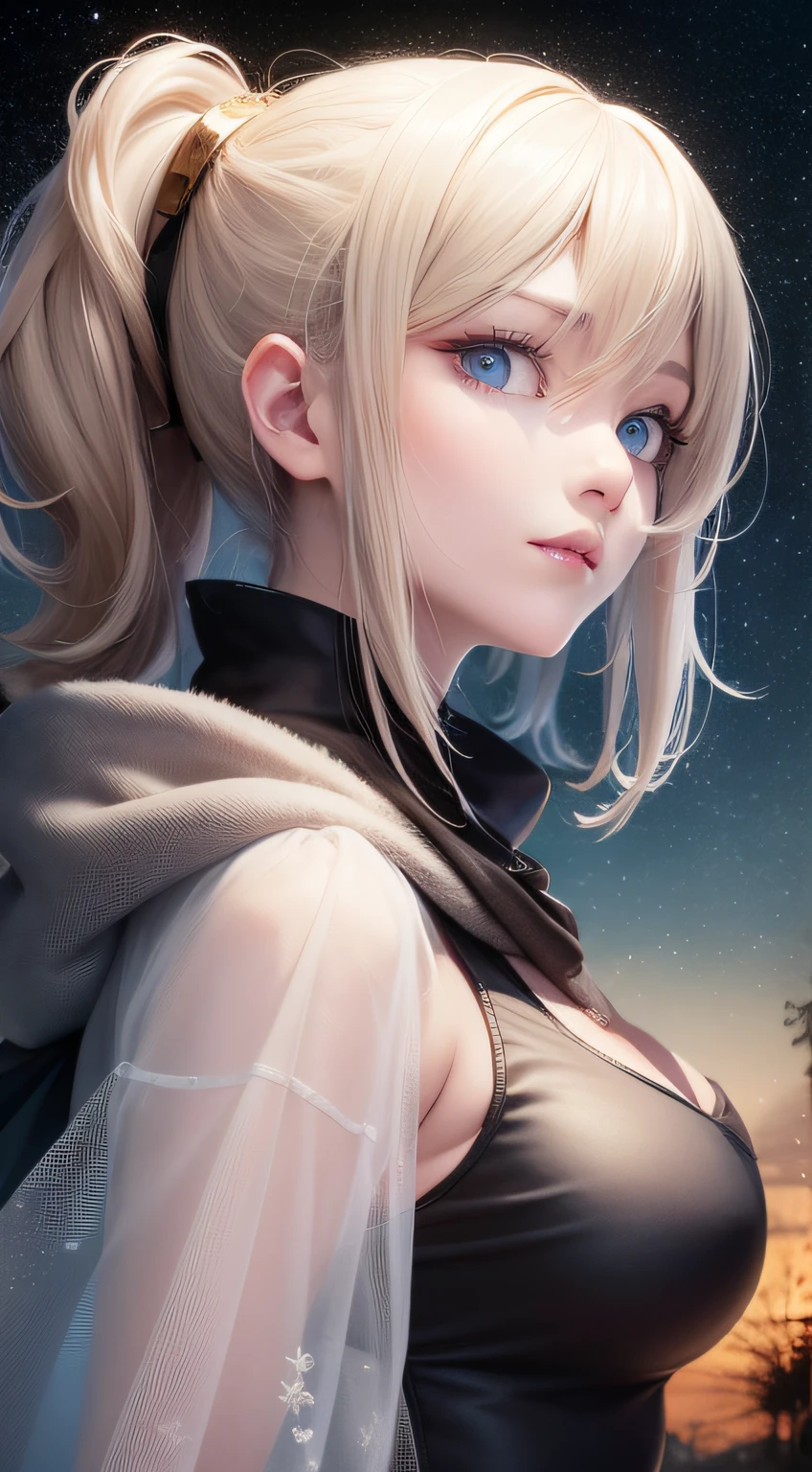 tmasterpiece,(best qualtiy:1.2),(super-fine:1.2),illustratio,(Extremely refined and beautiful:1.2),Movie Angle,China-style,floatking,(beatiful detailed eyes:1.1),(Detail light:1.1),电影灯光,Exquisite sky,woman,whaite hair,eBlue eyes,(high ponytails:1.1),cloaks,glowing light eyes,(themoon:1.2),(rays of moonlight:1.1),clubs,(Light particles:1.1),mist,Snow painting,sketching,blooms