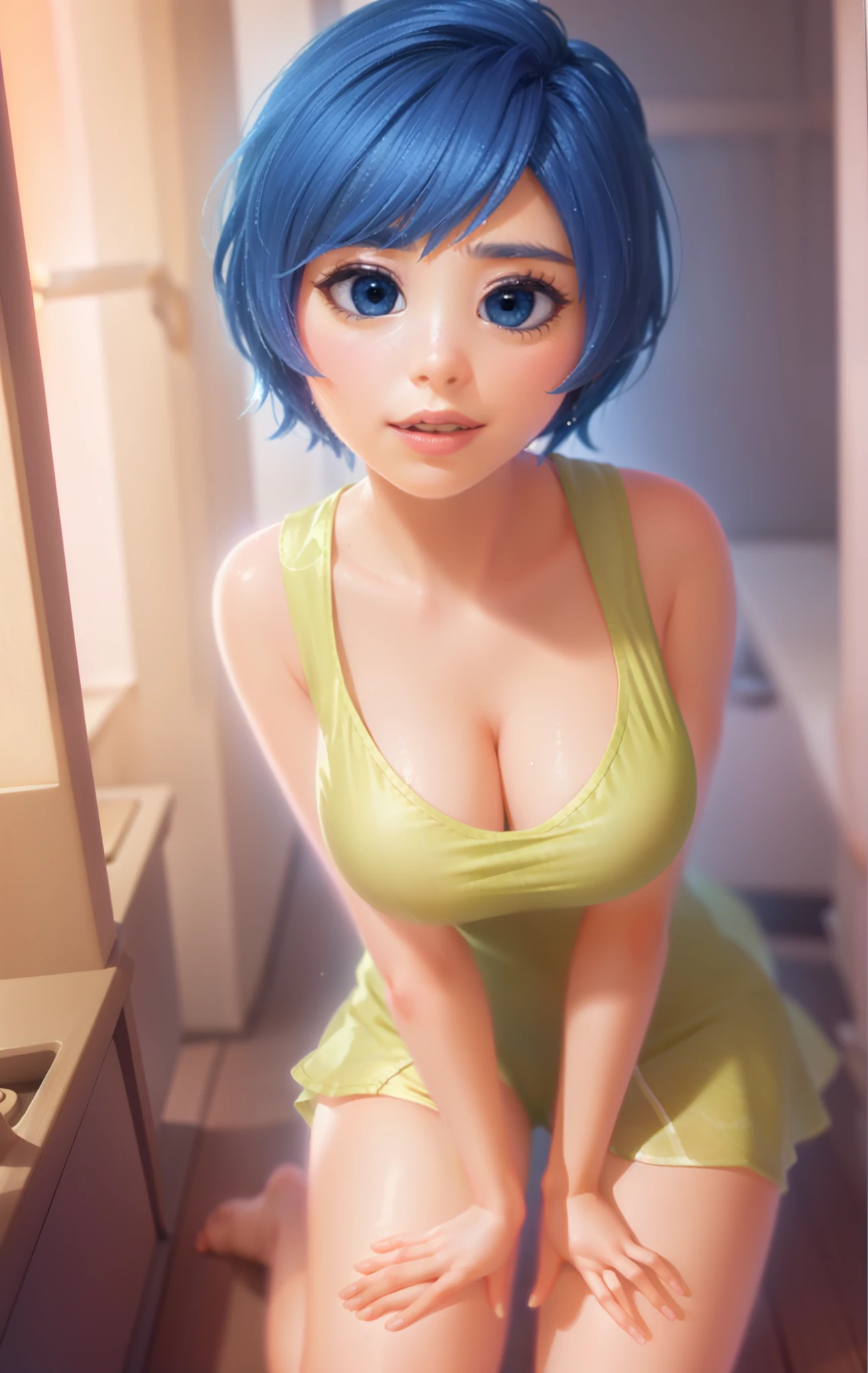 Masterpiece, Best Quality, (joying_Inside out, yellow skin, ), Happy, wet transparent mini green dress, Pixar, cartoony, 3D Rendering, little chest, sexy expression, bare footed, panty, showing panties, panties visible, ((Masterpiece)),((Best Quality)),absurdress, Sunlight, (half closed eyes:0.4), (parted lips:1.4), (nose blush:1.2), slight smile, detailed between legs, (((from below))), foreshortening, looking at viewer, blackcutoffs, (eye contact), masterpiece, high contrast, best quality, ultra high res, high resolution, detailed, (parted lips:1.4), (nose blush:1.2), breasts visible, Showing breasts, (cinematic lighting), ((high-angle view)), (half body shadow), [backlighting], [crepuscular ray], [detailed ambient light], [gray natural lighting], [ambient light on the belly], (higher wildlife feral detail), [explict content], [sharp focus], (questionable content), (shaded), ((masterpiece), Commission for High Res, masterpiece, best quality, detailed image, bright colors, detailed face, perfect lighting, perfect shadows, perfect eyes, girl focus, flawless face, gorgeous body, shiny body, center focus, gaze at the viewer, 1girl, solo, (masterpiece:1.21), (best quality:1.2), (illustration:1.2), (cinematic lighting:1.3), balanced coloring, global illumination, ray tracing, good lighting, cleavage, attractive body, sexy body, looking at viewer, SFW, portrait close up