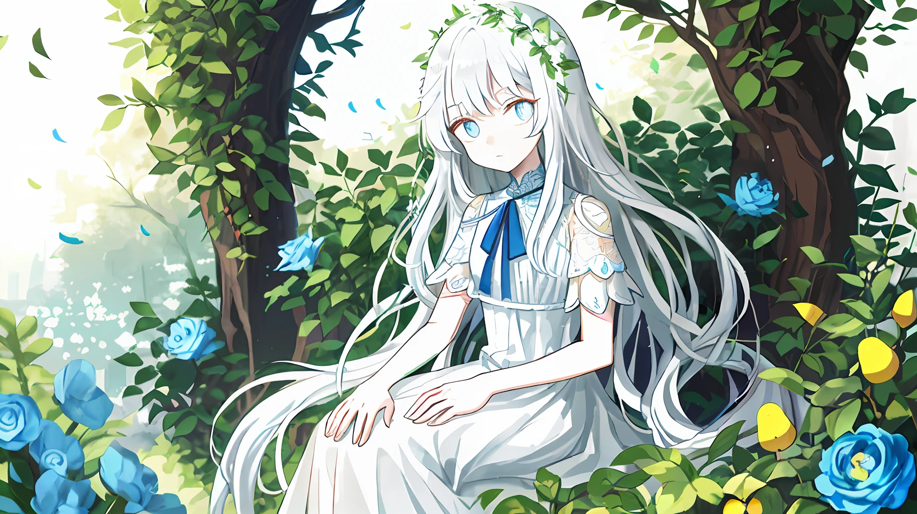 White gorgeous dress,Petite body,Immature facial features,chiquita,Blue pupil,Long white hair,face expressionless,Perfectcomposition,Dull hair,brokenglass,Soft hair,Blue garland,Sitting in the garden