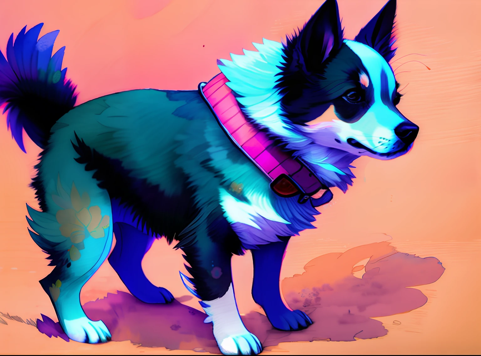 cachorro peludo estilo wtrcolor, (rosa) Arte Digital, Arte Oficial, soprado pelo vento, obra-prima, lindo, ((Aquarela)), respingos de tinta, detalhes intrincados. grande detalhe, [pingando: 0,7], Trend after Artstation, Raquel Walker