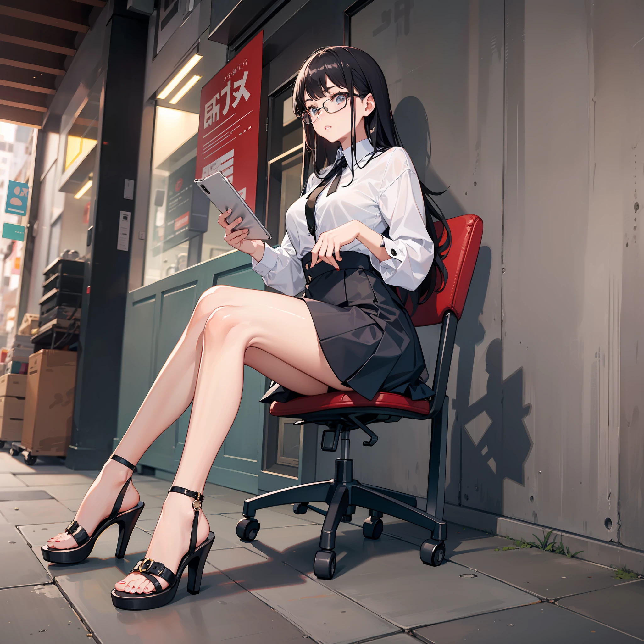 sit on chair，heeled sandals，black short skirt，Black round frame glasses