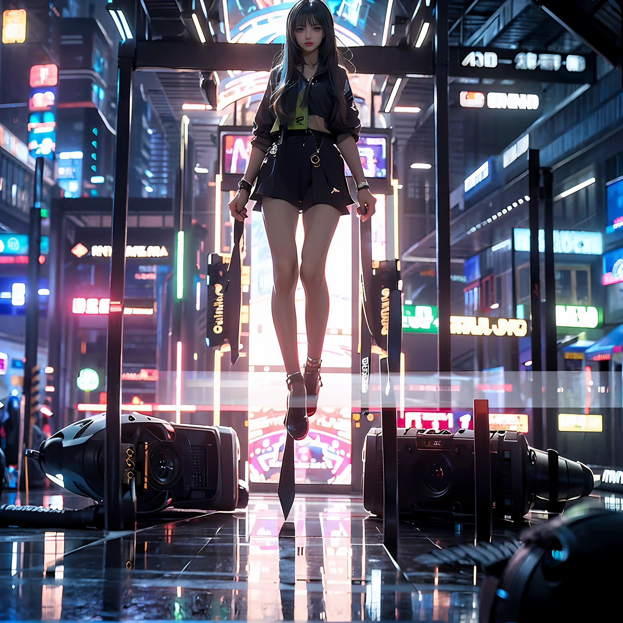 Glowing:1.2, high definition 4k, Neon lights, 1girll:1.2,8K,Cyberworld,cyber punk perssonage,futurism,RAW photo, Detailed face, ++, F22, Beautiful symmetrical face, Cute natural makeup, Feminine, Highly detailed, Intricate, Sharp focus, centered image composition, professional color graded, +, high definition 4k, 8K, mechs,Mechanical arms,locomotive,A normal face:1.2,HD faces:1.1,Normal eyes,A clear face,Real,Super realistic,(Full body photo of girl:1.5)