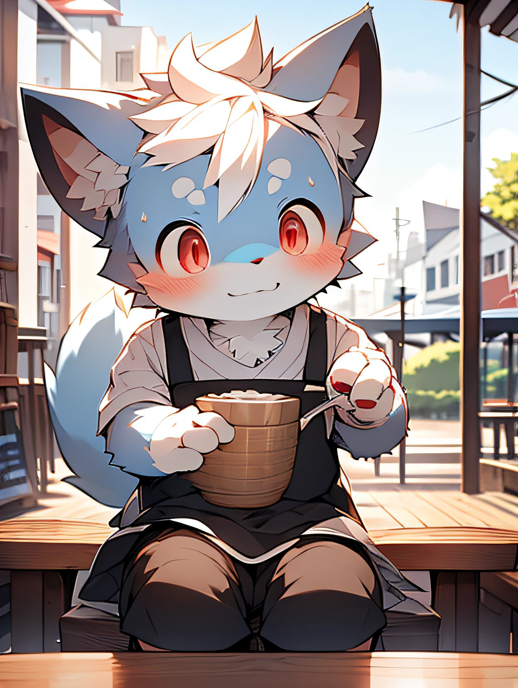 (light blue fur, detailed fur, red eyes, white hair), cute, sitting, masterpiece, high resolution, 8k, detailed background, high quality, boy, male, (by Dagasi: 1.1), solo, apron, café, smile