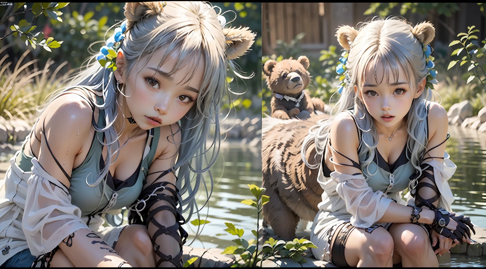 (1 girl,solo:1.2), (Wet shoulder white vest), Broken shorts, Hiking bags, embarrass, dreads, Girl sitting by the river to rest, A chest that conforms to the laws of physics, (The brown bear roared), Tall shrubs, Shaded leaves, light blue hair, single sidelock, cinematic lighting, reflection light, dutch angle, UHD, masterpiece, anatomically correct, textured skin, super detail, high details, high quality, best quality, highres, 8k, 16k