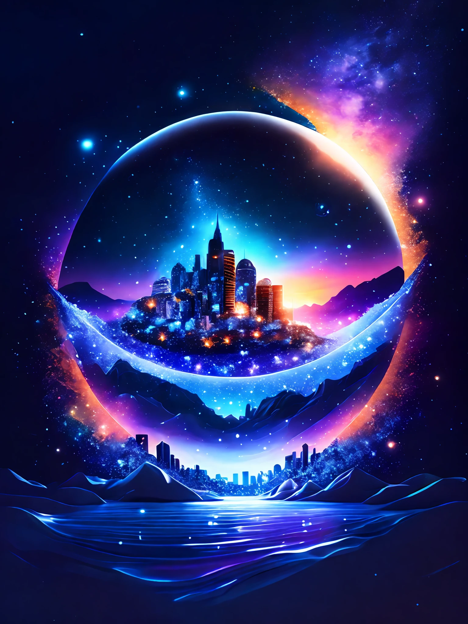Splash art Small city sitting on cerami|the beautiful night sky |Pictures Manieri|Beautiful composition、8K、nffsw