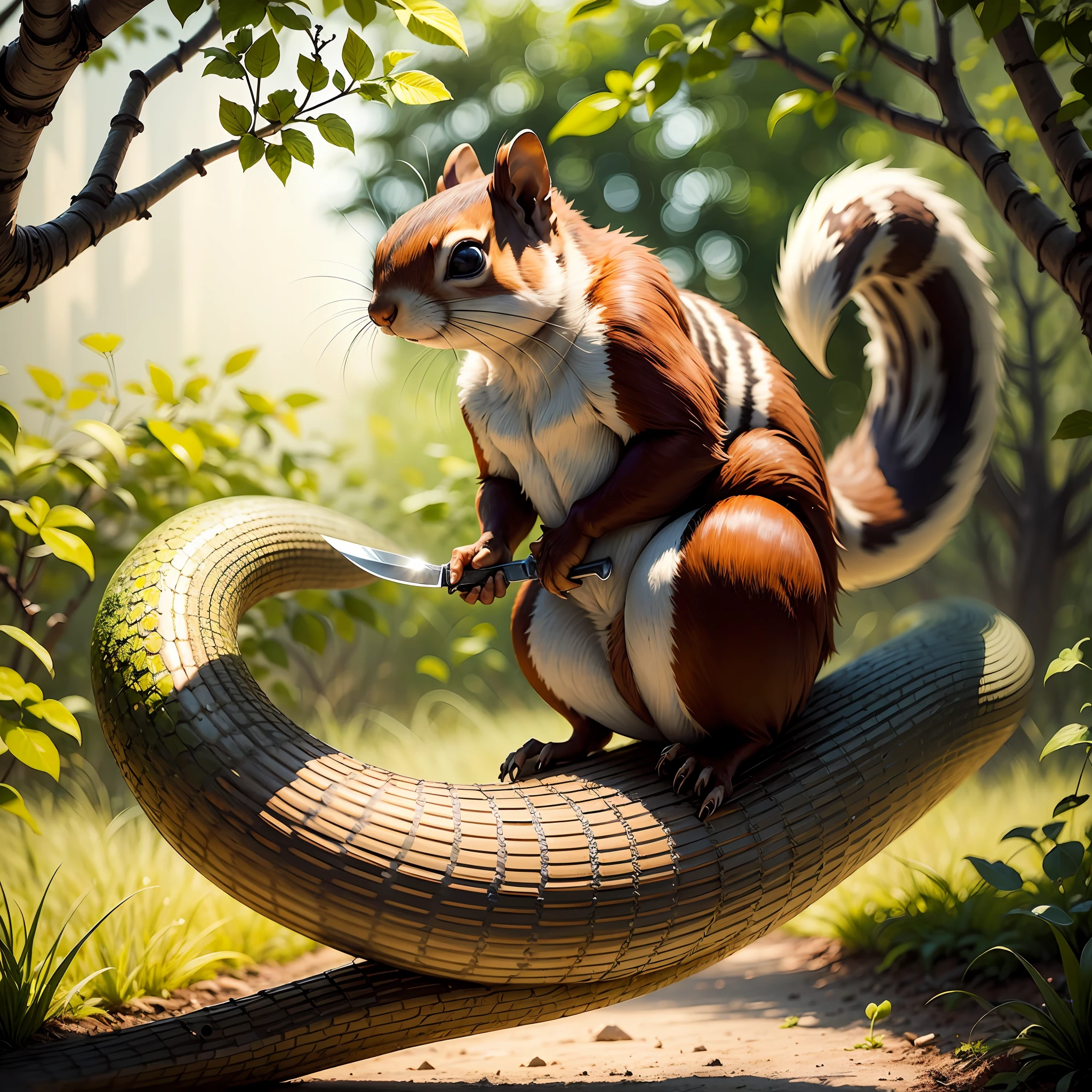A squirrel mounted on a snake with a knife in his hand has to be a little more realistic by appearing the head of the snake --auto