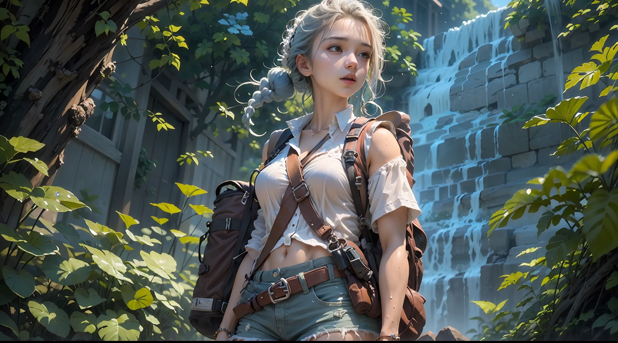(1 girl,solo:1.2), (Wet shoulder white vest), Broken shorts, Hiking bags, embarrass, dreads, a python, A chest that conforms to the laws of physics, Tall shrubs, Shaded leaves, light blue hair, single sidelock, cinematic lighting, reflection light, dutch angle, UHD, masterpiece, anatomically correct, textured skin, super detail, high details, high quality, best quality, highres, 8k, 16k