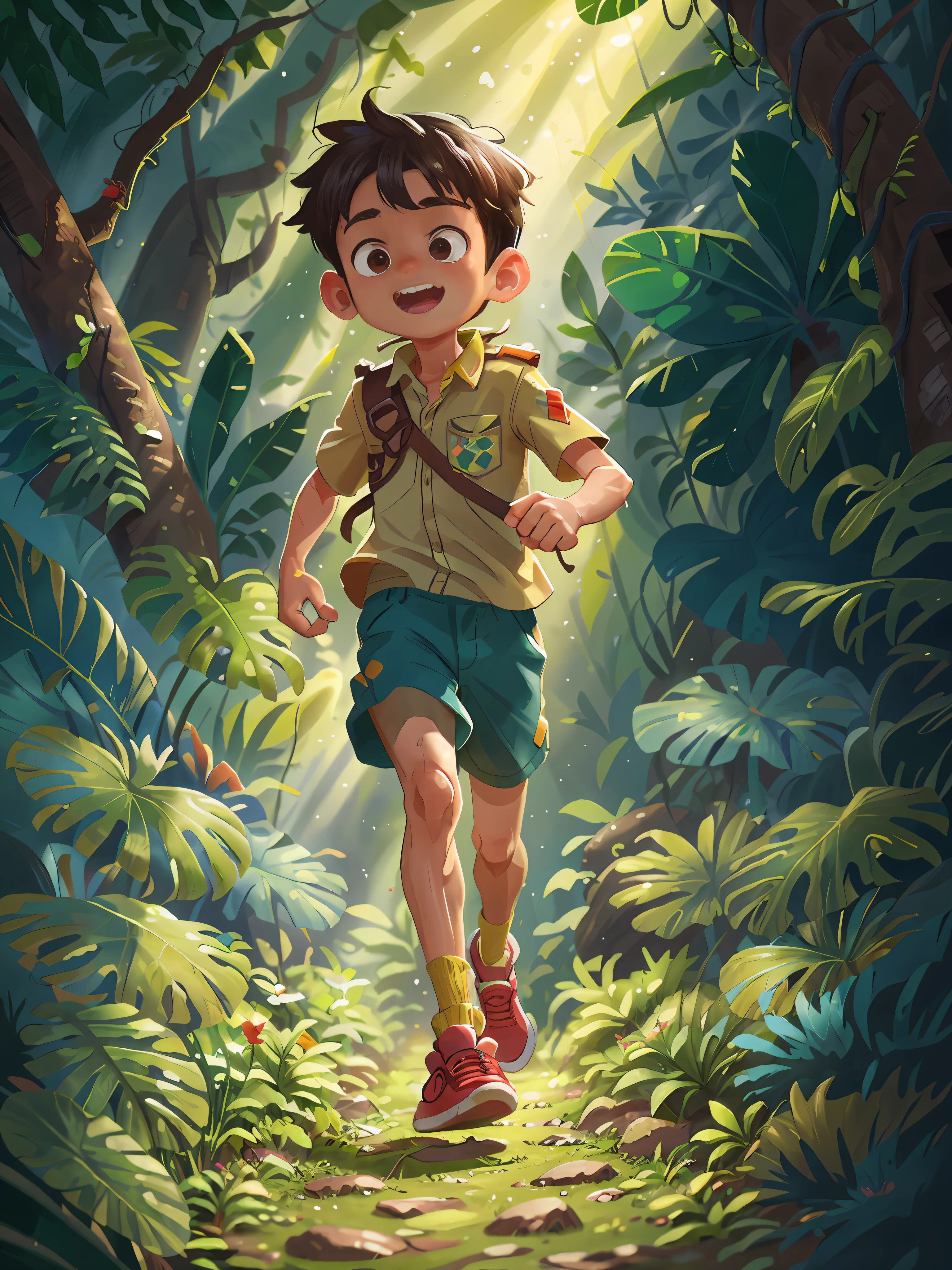 A 6-year-old boy is running in a jungle, with exotic plants, is wearing boy scout clothes, is happy, adventurous, perfect quality, and has clear focus (mess - jungle: 0.8), (masterpiece: 1.2) (Realistic: 1.2) (Bokeh) (Best quality) (Detailed Skin: 1.3) (Intricate Details) (8K) (Eye Detail) (Sharp Focus)