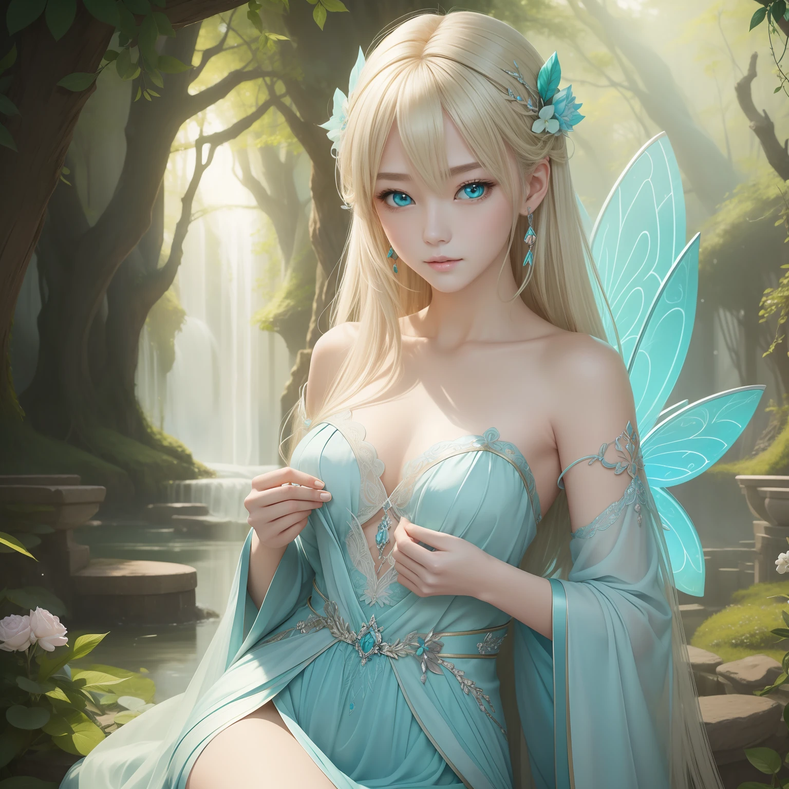 (masterpiece)8K分辨率、top-quality、Fairy of Light、platinum-blonde-hair、Turquoise eyes、Hazel eyes、Delicate body、fantasy-inspired