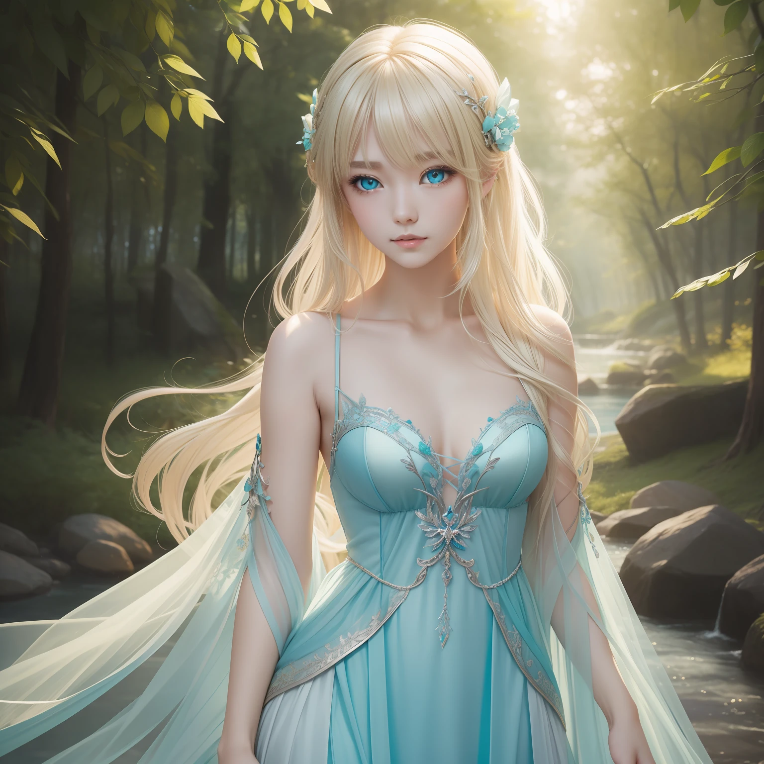 (masterpiece)8K分辨率、top-quality、Fairy of Light、platinum-blonde-hair、Turquoise eyes、Hazel eyes、Delicate body、fantasy-inspired