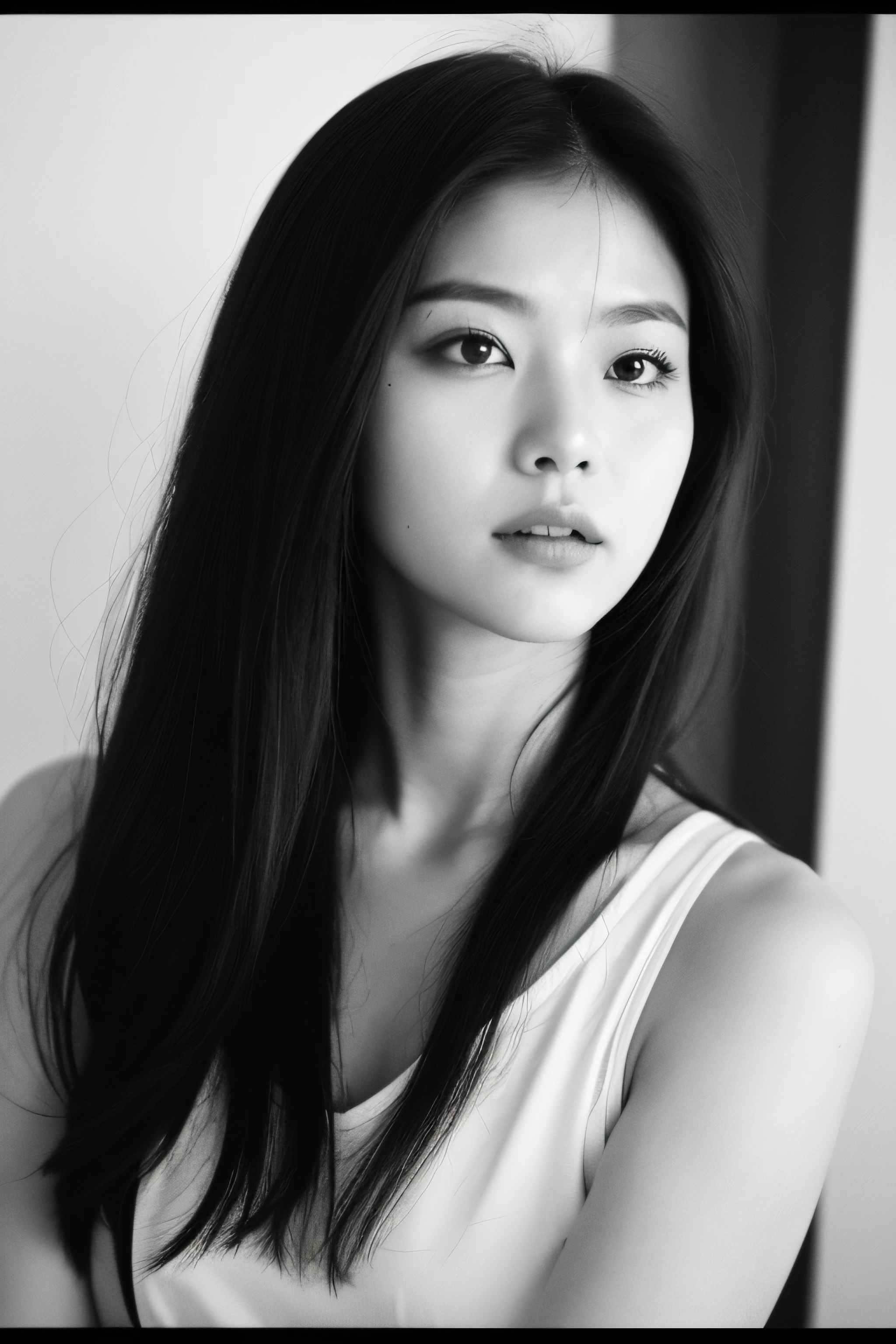 Photo of a Beautiful Korean kpop idol Woman, Summer, Lustful, Film grain, Ilford HP5, 80mm、emotion