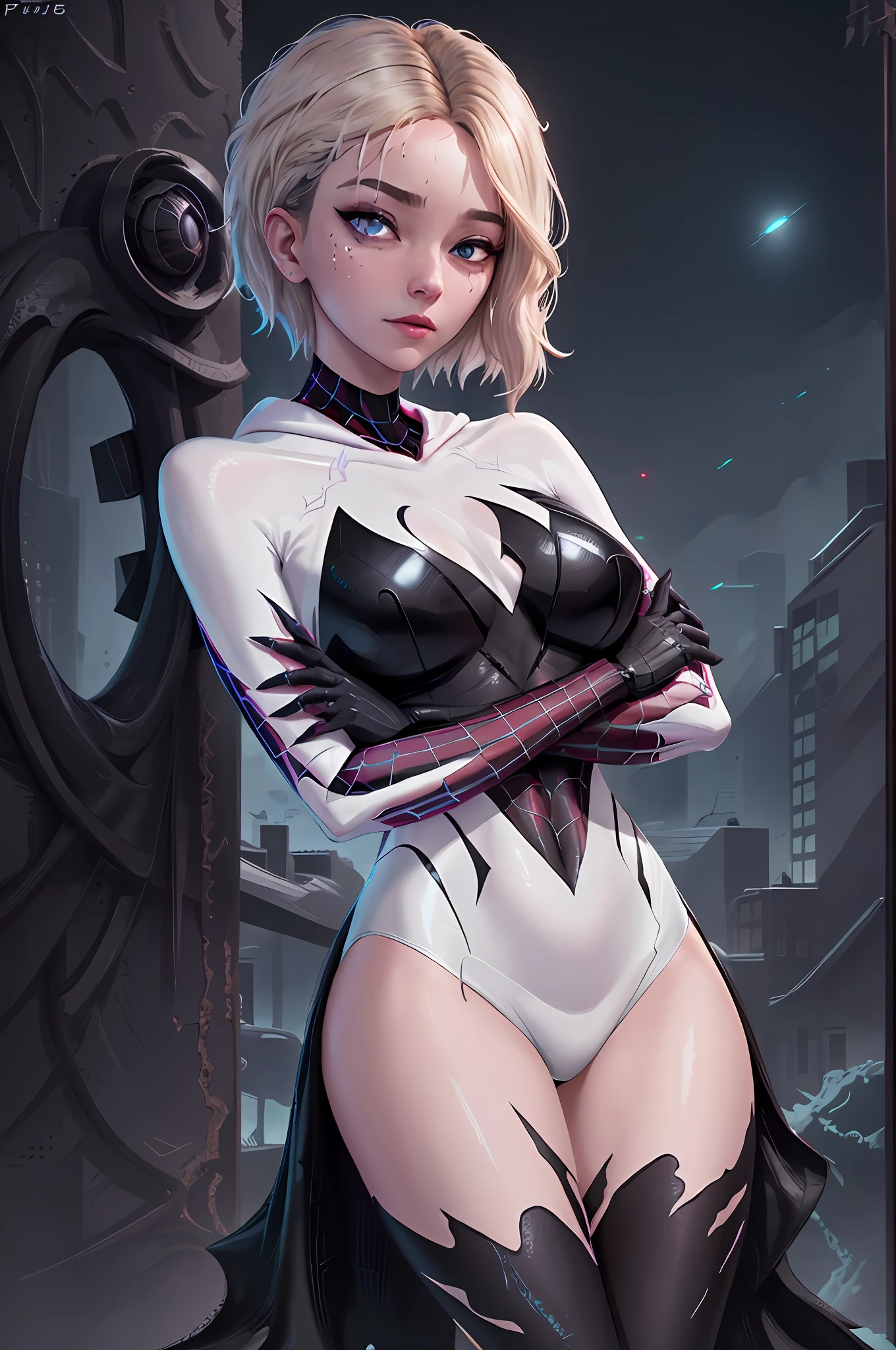 Ghost Spider, Gwen Venom symbiote outfit, black with spider in the center of her chest in white, organic looking outfit, gooey forehead, symbiote, white eyes, fine art, PS5 cinematic screenshot, highly detailed detailed cinematic rendering, ultra photorealistic raytricing, with cinematic lighting