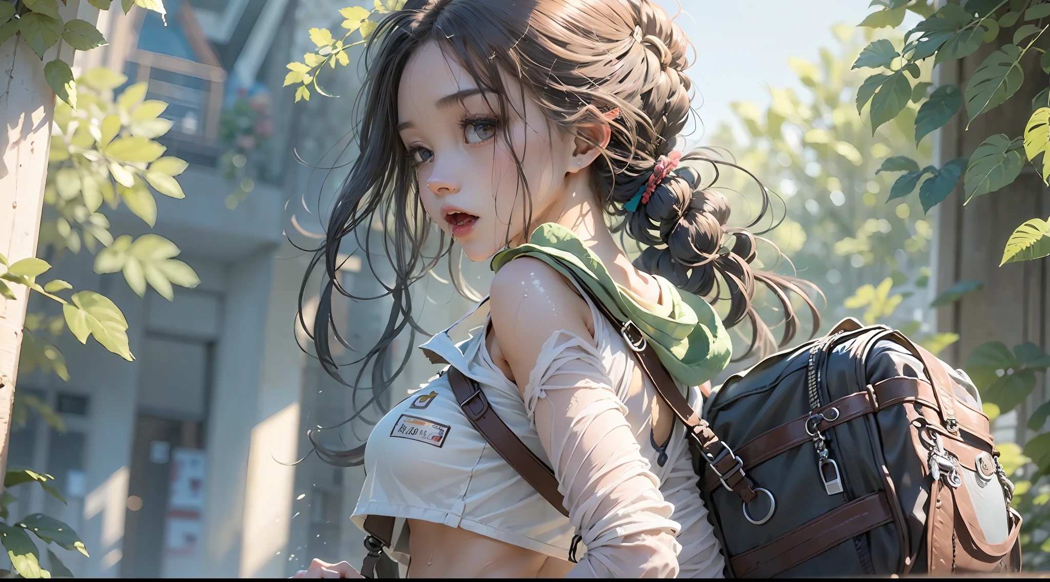 (1 girl,solo:1.2), (Wet shoulder white vest), Broken shorts, Hiking bags, embarrass, dreads, The python opened its huge mouth,girl is running, A chest that conforms to the laws of physics, Tall shrubs, Shaded leaves, light blue hair, single sidelock, cinematic lighting, reflection light, dutch angle, UHD, masterpiece, anatomically correct, textured skin, super detail, high details, high quality, best quality, highres, 8k, 16k