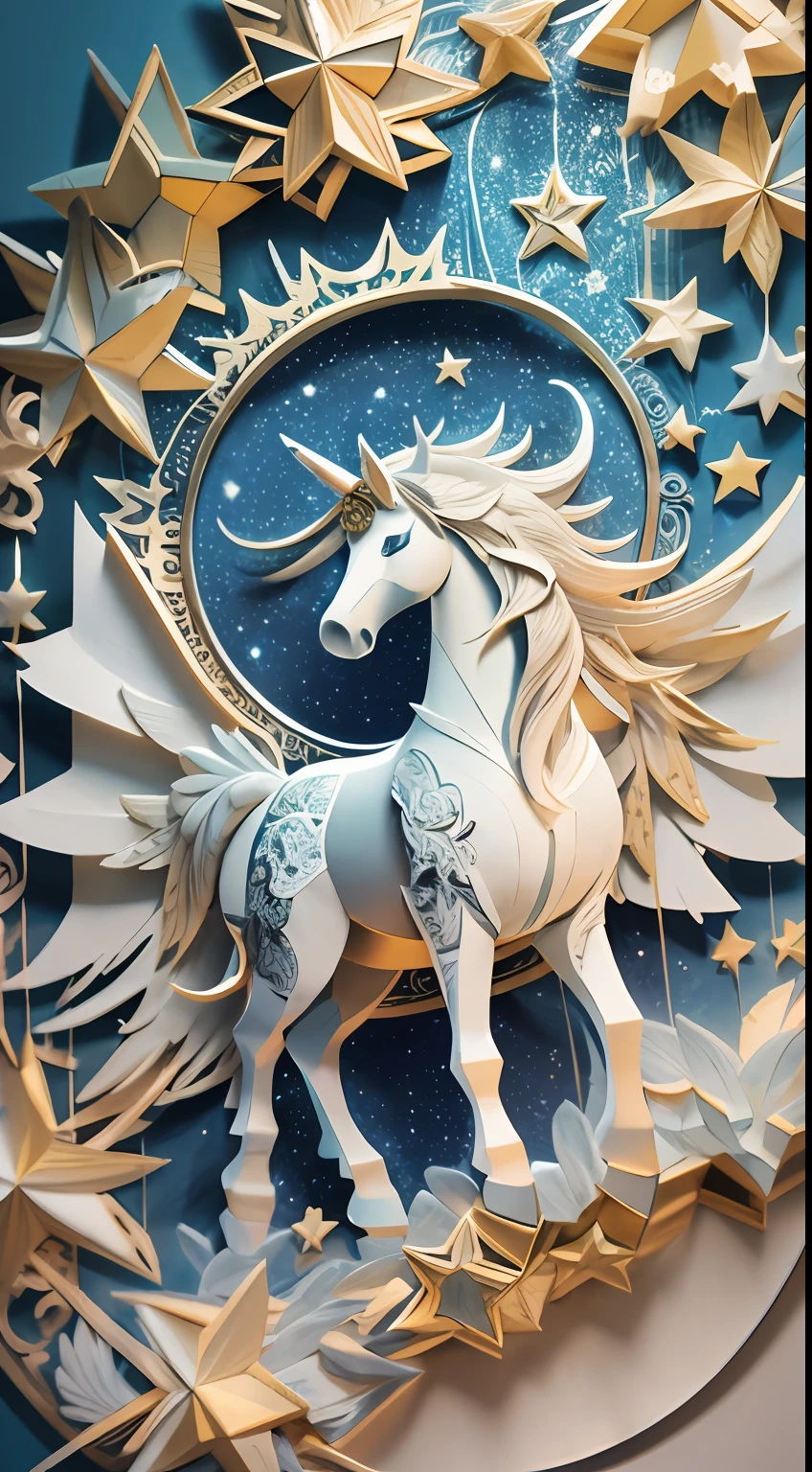 illustration: 1.3), 3D rendering of paper art, Stars moon background, (Beautiful Pegasus 1.3), (Masterpiece Star 1.2) , Colorful, Best quality, Detailed details, Masterpiece, offcial art, movie light effect, 4K, Chiaroscuro , Flash