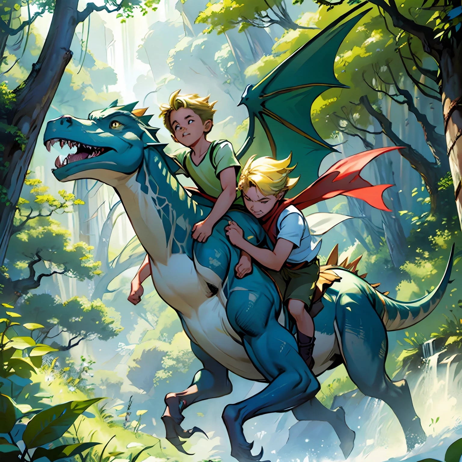 Um livro infantil ilustrado, with several chapters telling the story of a blonde boy with yellow hair, apaixonado por dinossauros. In a magical dream, He ventures into a prehistoric forest, repleta de dinossauros de todas as formas e tamanhos. The boy is riding a friendly stegosaurus, while a pterodactyl flies above them. The forest is lush, with tall trees and vibrant foliage. The weather is sunny and there is an air of wonder and charm in the air. The colors are vivid and intense, tornando a cena repleta de energia e alegria. The illustration is in a watercolor art style, with smooth strokes and delicate details, Capturing the magic and imagination of children, --ar 16:9 --v 5.