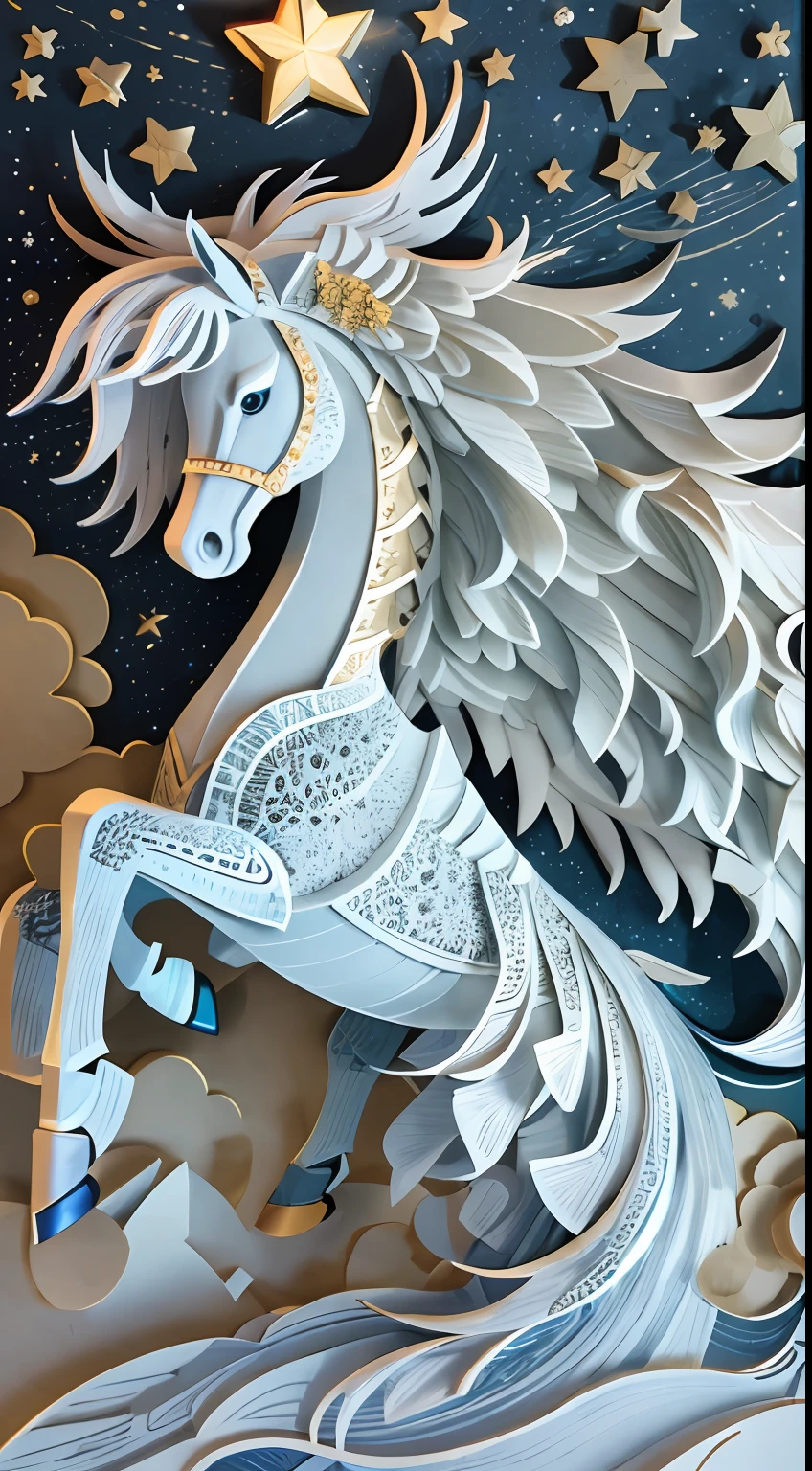 illustration: 1.3), 3D rendering of paper art, Stars moon background, (Beautiful Pegasus 1.3), (Masterpiece Star 1.2) , Colorful, Best quality, Detailed details, Masterpiece, offcial art, movie light effect, 4K, Chiaroscuro , Flash
