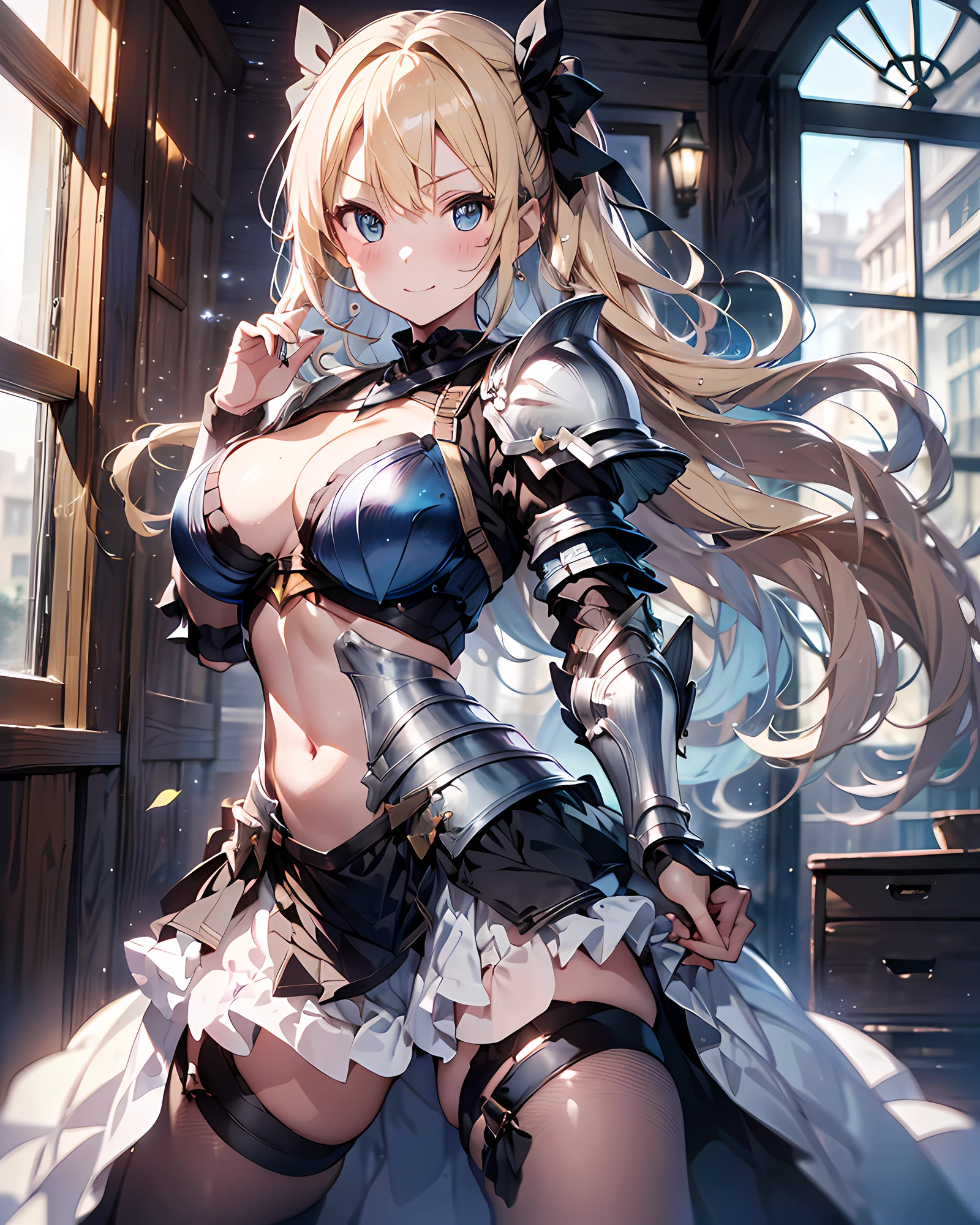 ((illustration of training blonde female Knight at royal palace), Masterpiece, best quality, (absurdres)), ((highres)), (ultra-detailed:1.3), (full body shot:1.3), (1 girl:1.3), character focus, BREAK,  (wearing a white knight heavy armor:1.37), platinum heavy armor, BREAK, (blonde hair:1.3, pony-tail hair with blue hair ribbon), (large breasts:1.37, disproportionate-breasted:1.27), slender, abs, clean face, detailed beautiful face, (beautiful anime waifu face:1.3), full-face blush, sweat, fog, steam, gorgeous royal palace at early morning background, (standing, open stance, random dynamic posing, holding saint sword), serious emotion, princess smile, detailed eyes, detailed arms, detailed hands, detailed figures, detailed body, sharp focus, centered image, looking straight viewer,