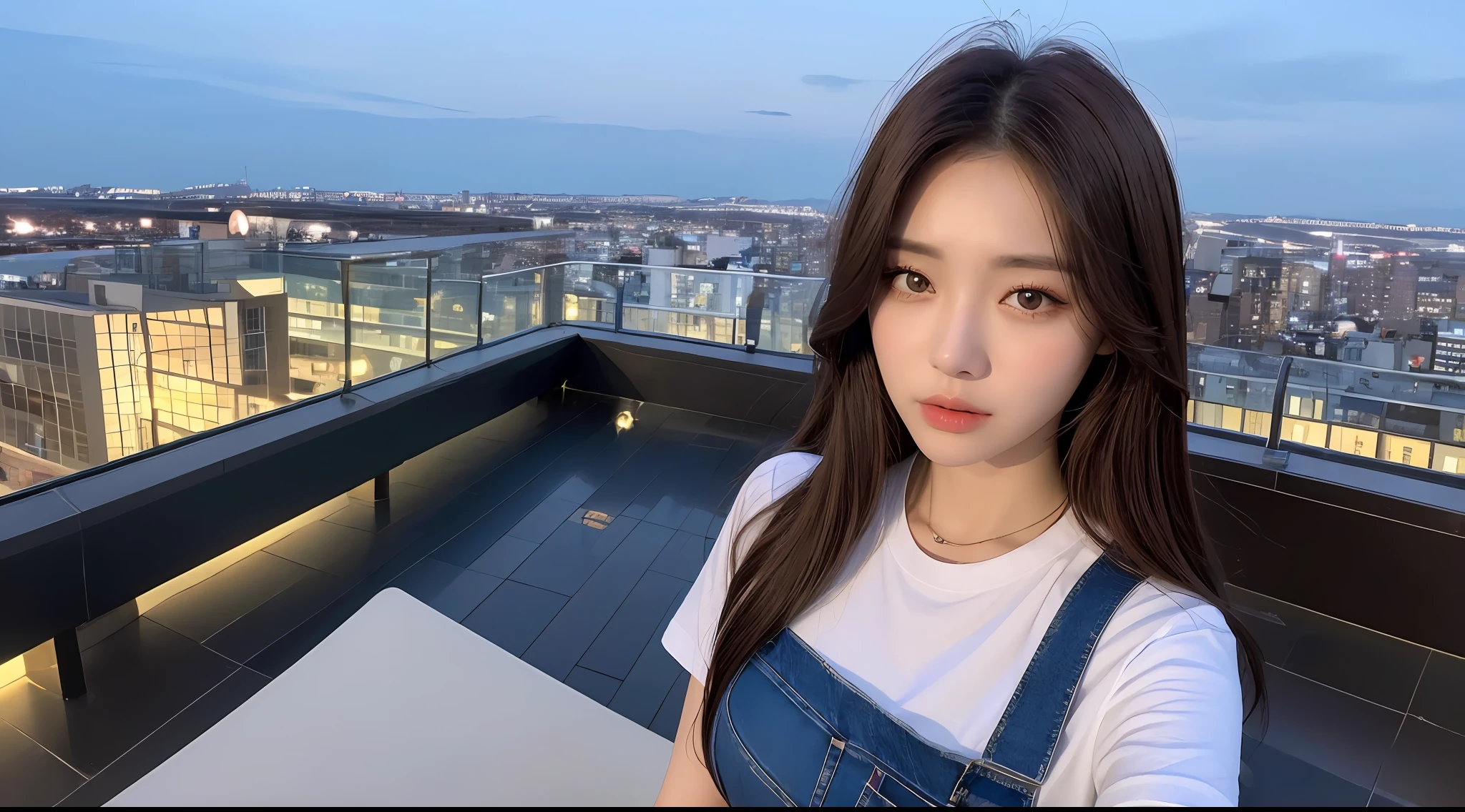((Midnight, Best quality, 8k, Masterpiece :1.3)), Whole body, Long legs, Sharp focus :1.2, A pretty woman with perfect figure :1.4, Slender abs :1.1, ((Dark brown hair, Big breasts :1.2)), (White tight tshirt, Jean bib, Standing:1.2), ((Night city view, Rooftop:1.3)), Highly detailed face and skin texture, Detailed eyes, Double eyelid