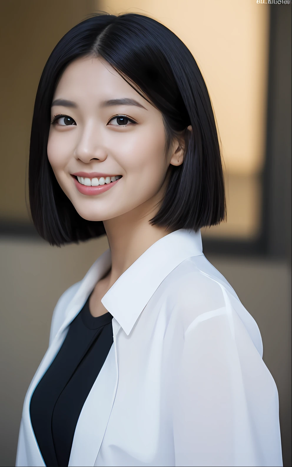 (Masterpiece:1.3), (8K, Photorealistic, RAW Photos, Best Quality: 1.4), Japan Persons, (1 Girl), Beautiful Face, (Realistic Face), (Black Hair, Short Hair:1.3), Beautiful Hairstyle, Realistic Eyes, Beautiful Eyes, (Realistic Skin), Beautiful Skin, Attractive, Ultra High Definition, Golden Ratio, Detal Face, Look at the Beholder,Smile,Open White Shirt,Middle Chest,Standing