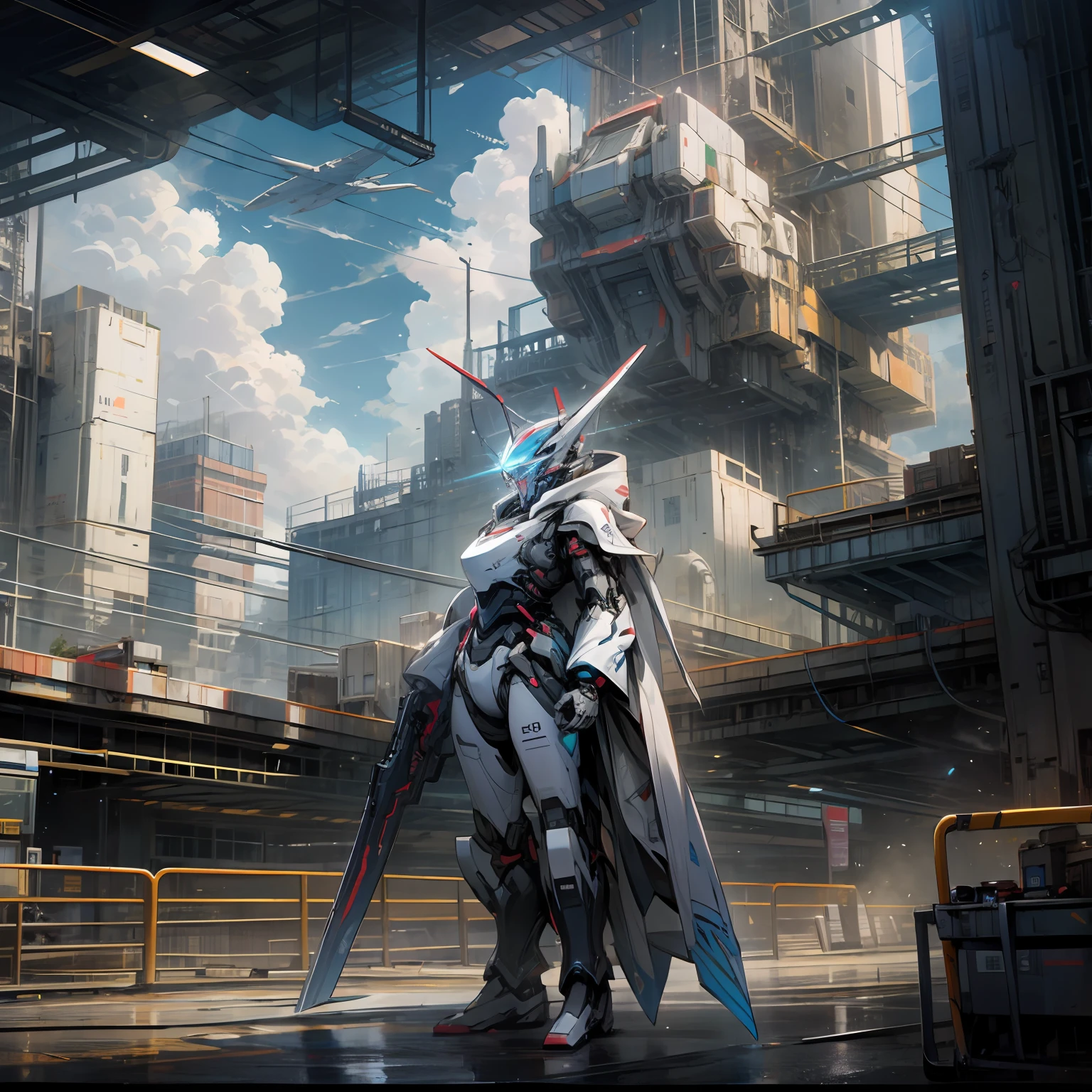Sky, Clouds, holding_weapon, no_humans, Glow, Robots, Architecture, Science Fiction, Cities, Reality --auto --v6