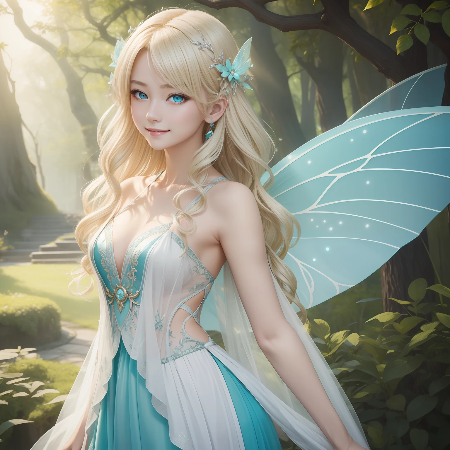 (masterpiece)8K分辨率、top-quality、Fairy of Light、platinum-blonde-hair、Turquoise eyes、Hazel eyes、Delicate body、fantasy-inspired、kindly smile
