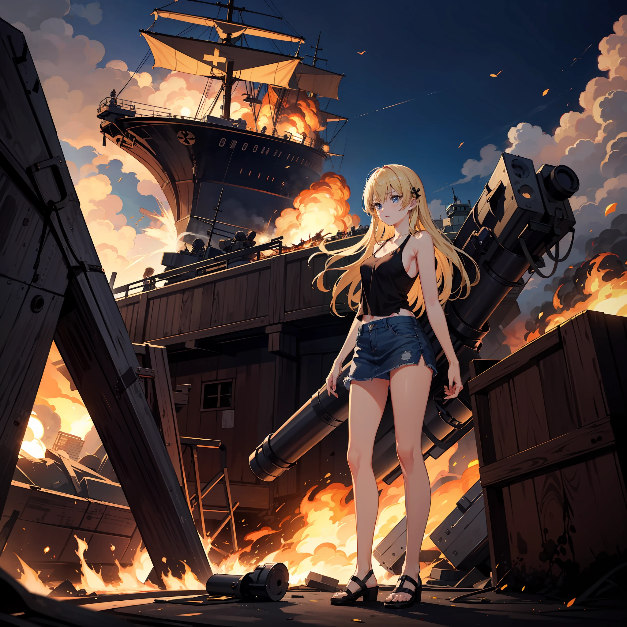 ​masterpiece, Top image quality, hight resolution, Beautiful blonde girl、女の子1人、Whole human body、Blue eyes、deadpan、Black tank top、jean skirt、semi long hair、is standing、showing butt、Shot a bazooka、by night、Naval port blown up in flames、Building in flames、Ship blasted into flames