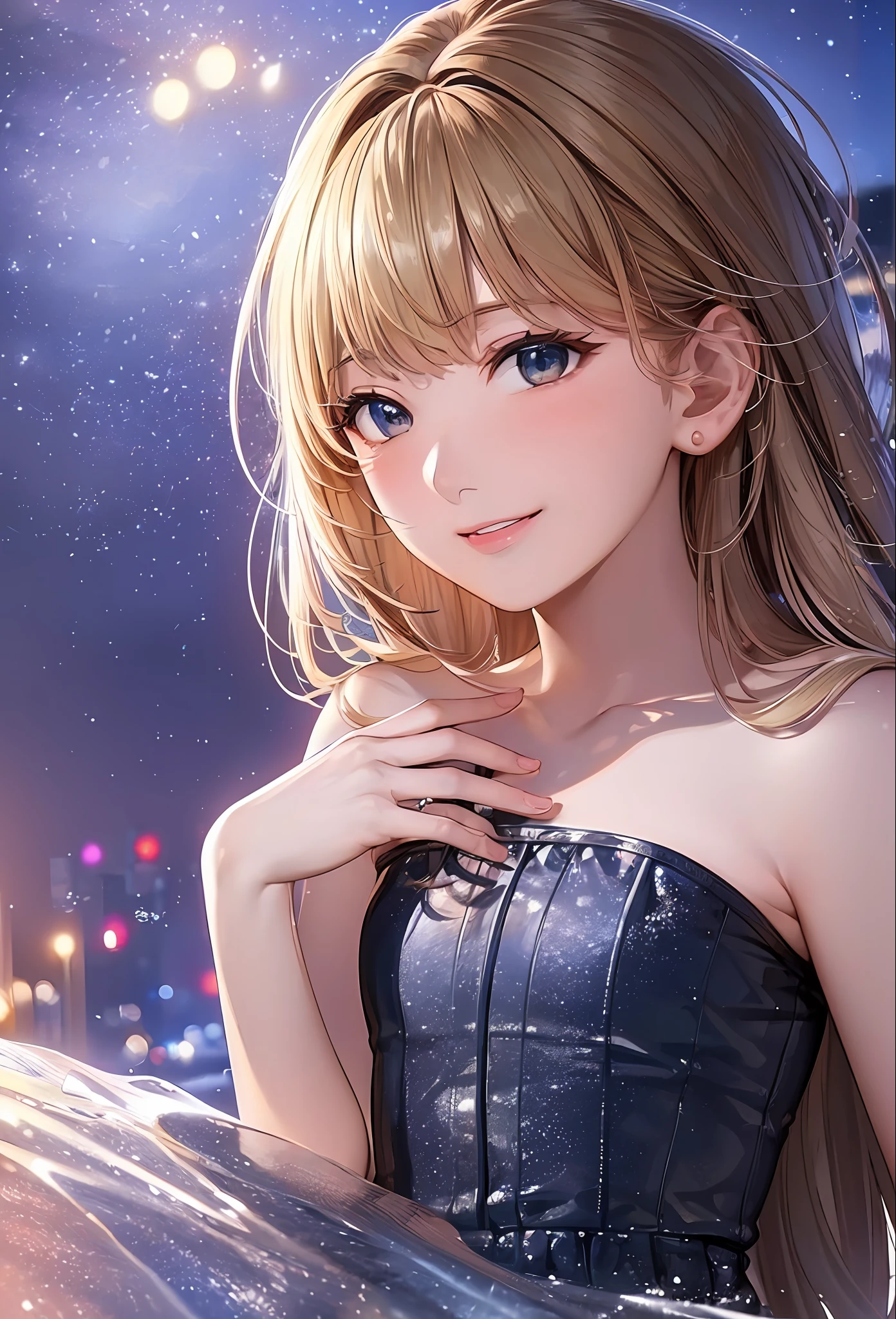 (8k, top quality, masterpiece: 1.2), (realistic, photorealistic: 1.37), super detailed, girl single, cute, solo, midnight, beautiful detailed sky, detailed café, sitting, date, (blush), (smile: 1.15), small breasts (mouth closed), beautiful fine eyes, floating hair NovaFrogStyle, back open dress