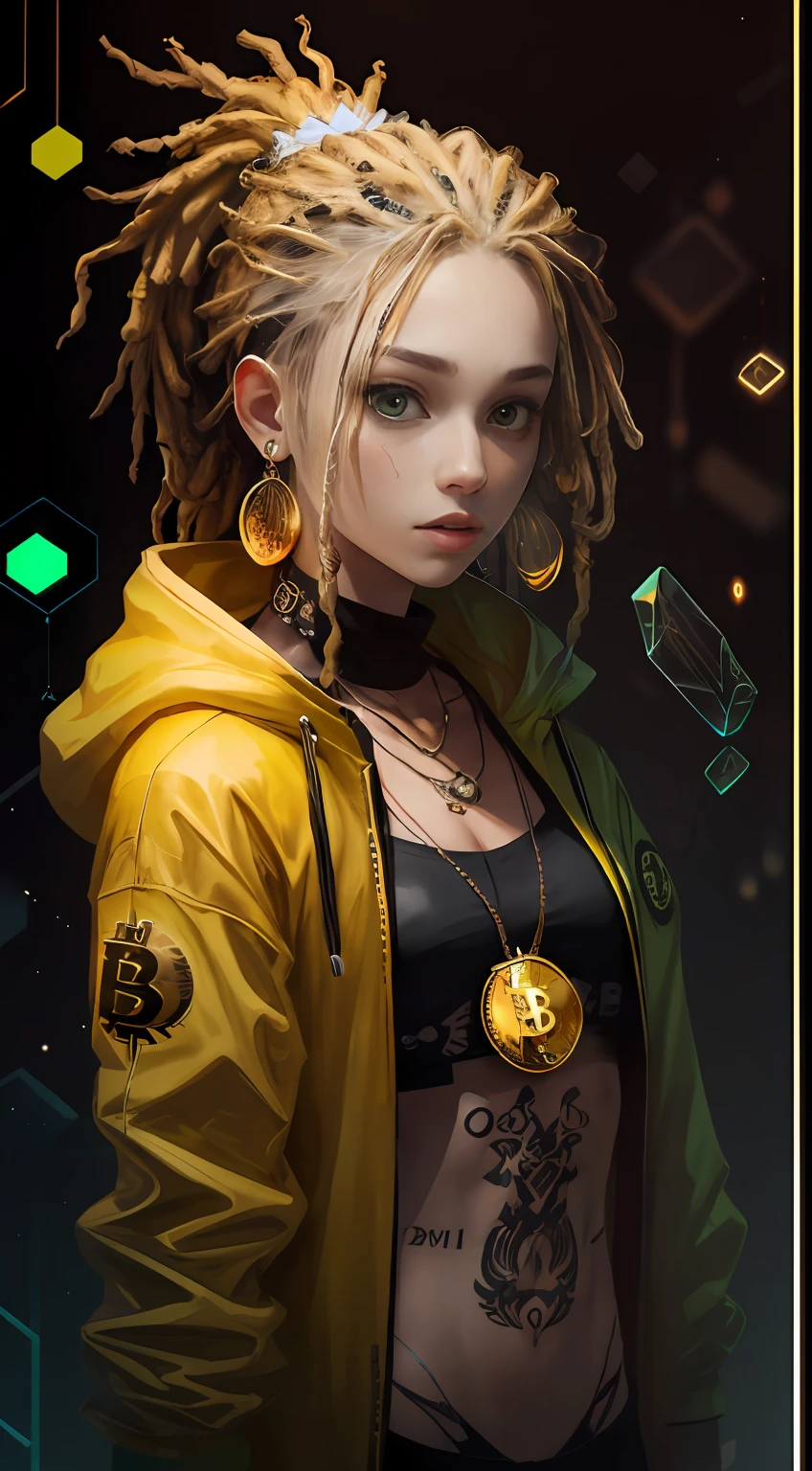 green:1.5, orange:1.1, white:1.3, yellow:1.3, (hacker with dread hair, bitcoin necklace, bitcoin outfit),tattoos, (puffer outfit:1.2),abstract lines and circles background