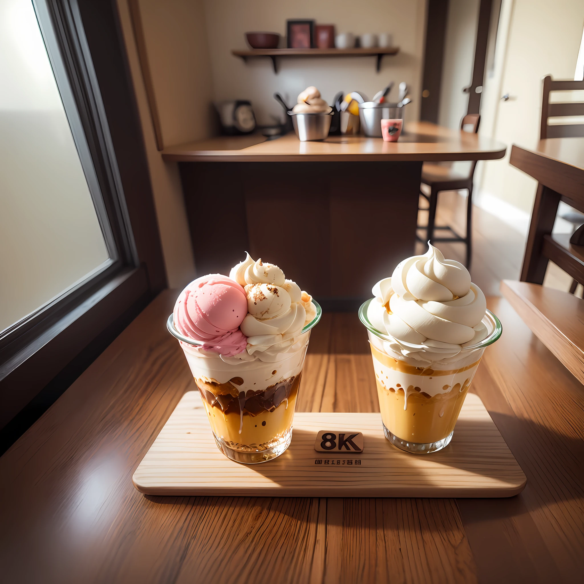 8K、Real and attractive、Very tasty-looking ice cream、Wooden table、Photos of food only --auto