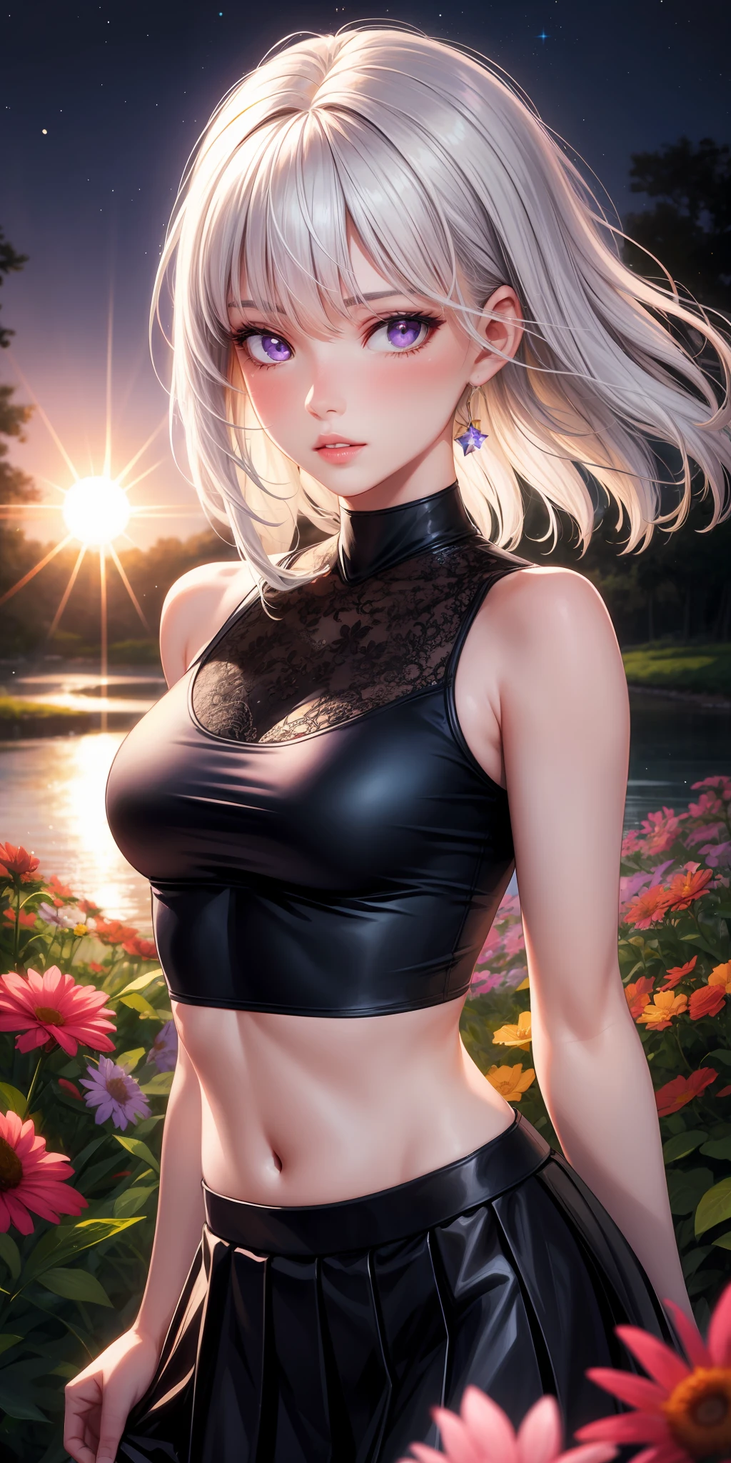 realistic, 1girl, white hair, purple eyes, glowing eyes, crop top, skirt, parted lips, blush, night, flowers, sun, sunlight,