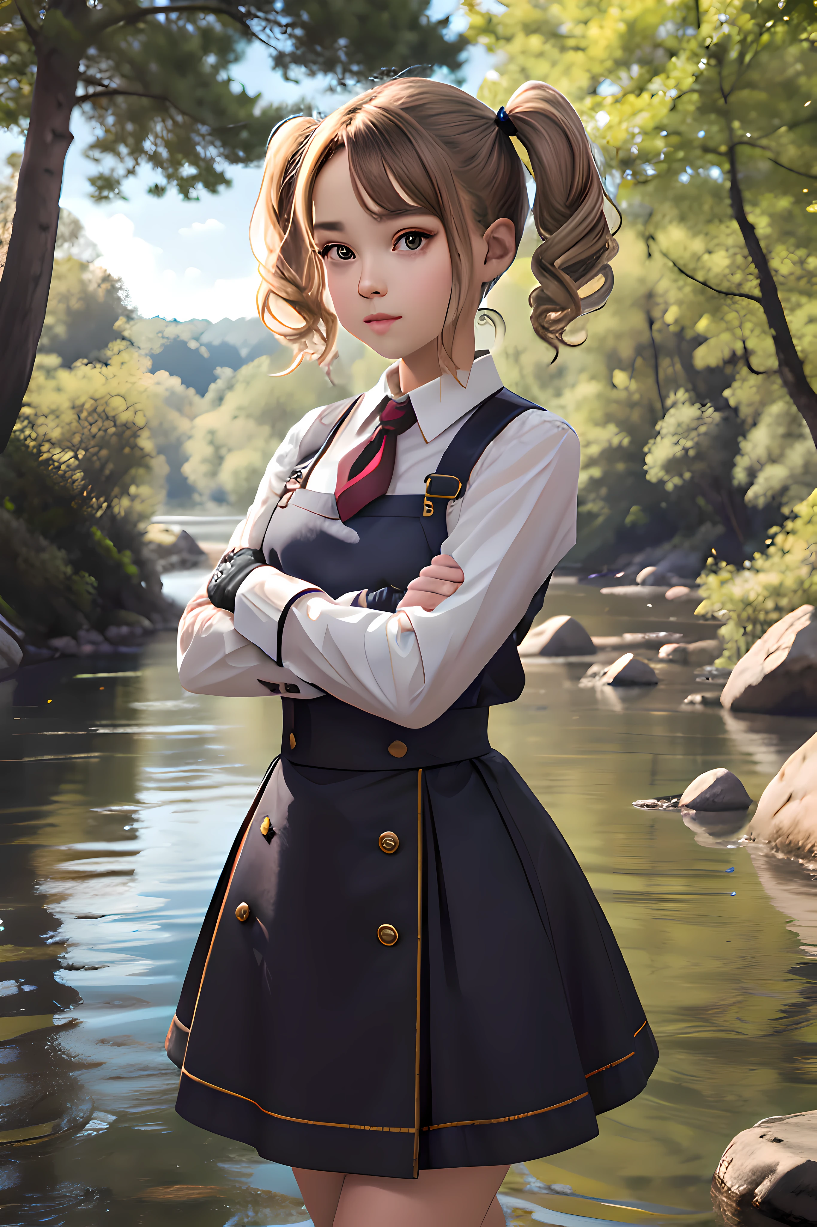 (tmasterpiece,best qualtiy:1.2),cowboy lens,big trees,1girll,Hide behind big trees,is shy,Crush,A small river behind a big tree,Hill Alencon,face expressionless,Keep your mouth shut,looking at viewert,(hand on own arm:1.2),Short twin tails,white shirt,underbust,Fluffy long sleeves,a skirt,(Fingerless gloves:1.1)