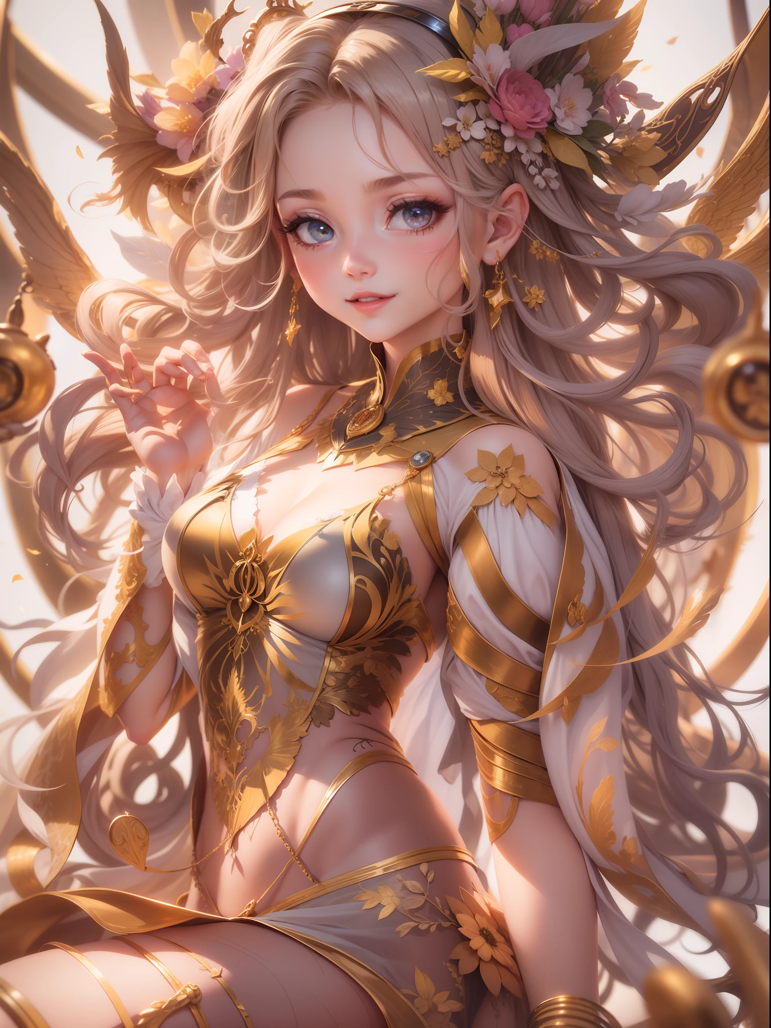--nymph of our dreams is revealed--hair that dances in the wind like strands of gold --eyes bright as twinkling stars --skin as soft and radiant as moonlight --golden proportion guides every stroke --every curve --every detail --charming face of this nymph --presents overflowing harmony --symmetry --irresistible --work of art --captivating smile --nymph --illuminates everything around her --slightly curved lips --whisper ancestral secrets that arouse curiosity and delight the hearts of all who behold it --Details --Proportions --Golden Ratio --Divine Pattern --Transcends --The eyes of this nymph are true windows to the soul --Transmitting a profound wisdom --Serenity --Universal harmony --Divine balance --Attractive nymph --Celebration of beauty --Art --Mathematics --Mysteries of creation --Aesthetic perfection, Etalhes intrincados, perfect features, Dramatic, cinematographic lighting, Highlight lighting, SSAA, smooth rendering, no noise --testp --ar 2:3 --video --no lazy prompts