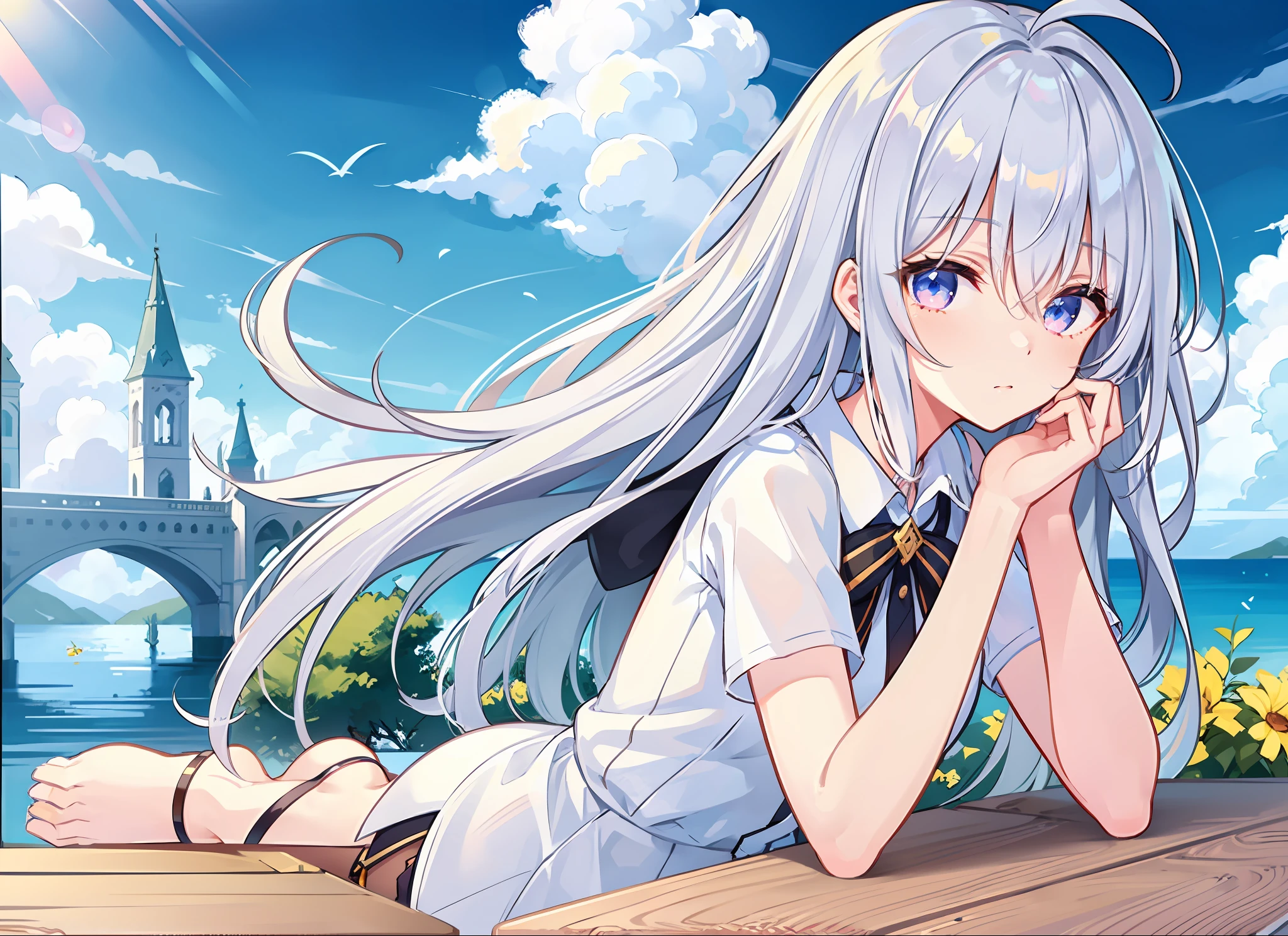 Anime girl with white hair sitting at a table by the sea, Girl with white hair, Perfect white haired girl, Smooth anime CG art, Girls Frontline CG, anime visual of a cute girl, White-haired god, white haired Cangcang, Fine details. Girl front, from girls frontline, White-haired, girls frontline style, white hair floating in air