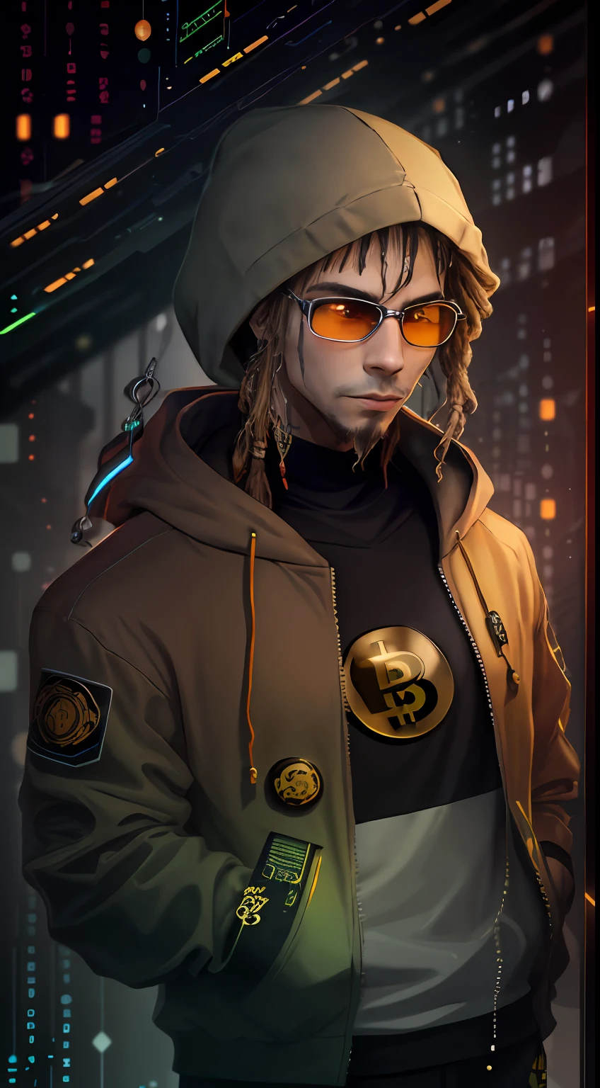 green:1.5, orange:1.1, white:1.3, yellow:1.3, (hacker with dread hair, colar de bitcoin),tattoos, (power puffer clothes:1.2),abstract lines and circles background