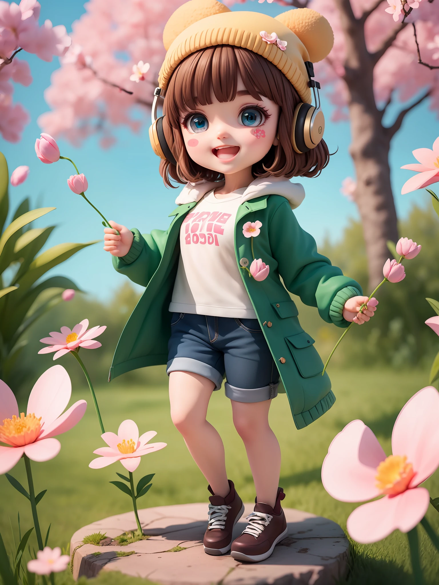 (Masterpiece), (Extreme Quality), (Super Detailed), (Full Body: 1.2), 1girl, Chibi, Cute, Smile, Open Mouth, Flower, Outdoor, Music, Berets, Guitar Hold, Coat, Blush, Tree, :3, Shirt, Short Hair, Cherry Blossoms, Green Headgear, Misty, Brown Hair, Blush Sticker, Long Sleeves, Bangs, Headphones, Brunette Hair, Pink Flower, (Beautiful Delicate Face), (Beautiful Delicate Eyes),