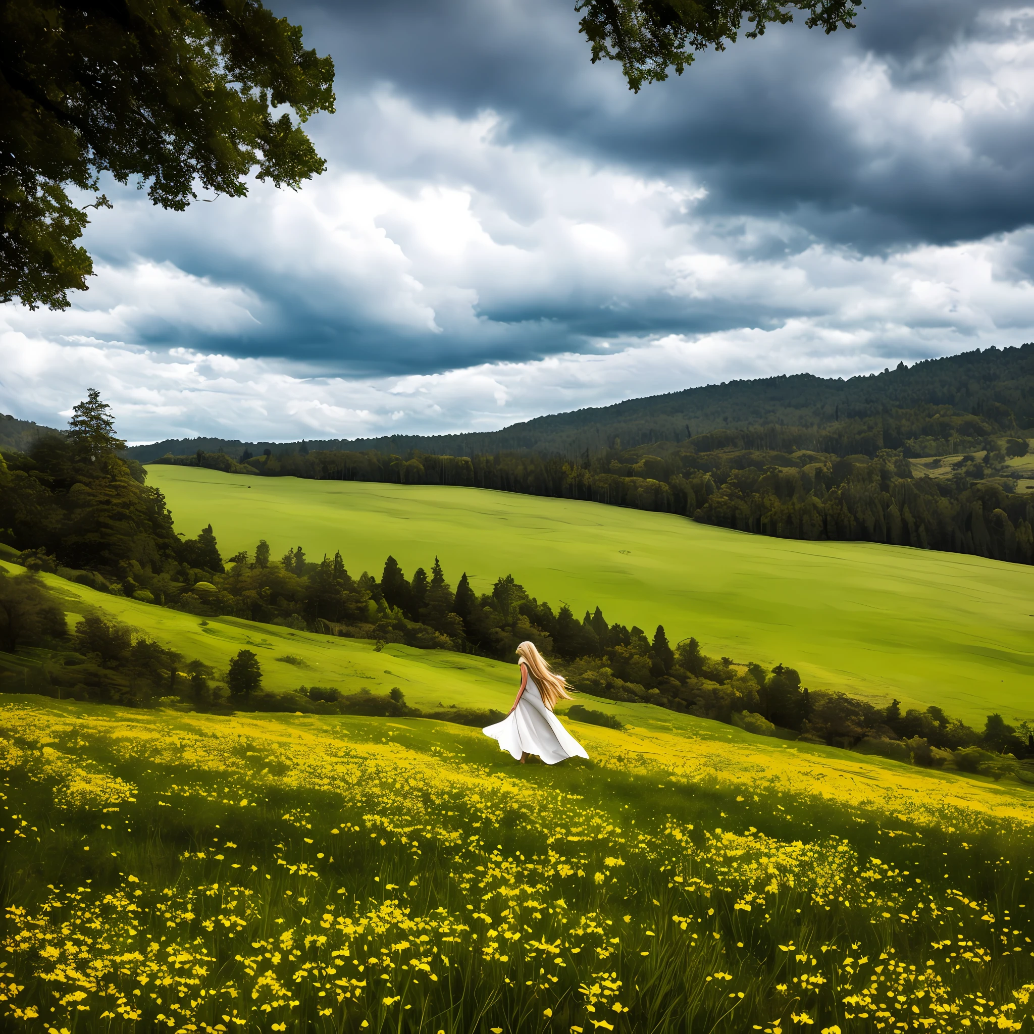 clouded skies, de fundo um bosque, grande pasto, os efeitos visuais em movimento, a luz natural colorida, And in the middle of the meadow is a blonde woman wearing a gray dress swaying in the winds --auto