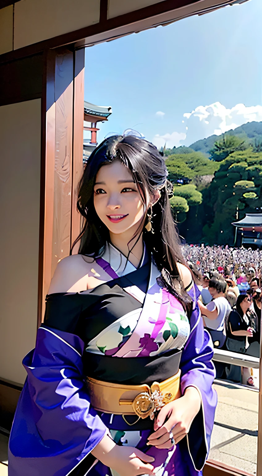 best qualtiy、masterpiece、photoRealstic、intricate-detail、Raw foto、Photon Rendering、Octane Rendering、absurderes、ultra-detailliert、A detailed face、Detailed skin、Trending in art stations、8K Masterpiece、lighting like a movie、( (1girl in))、((独奏) ))、CG Social Trends、Plastic En、((Black Long Hair))、((Beautuful Women))、(A smile)、Upper teeth、Fashionable、Hair that flutters in the wind、((Flowing hair))、fashion magazine、((A sexy))、((lighting like a movie)、((indirect lighting)、、(ssex)、Grinning、(View from a distance)、((Festival of Japan))、Dark purple kimono、Hair is up、