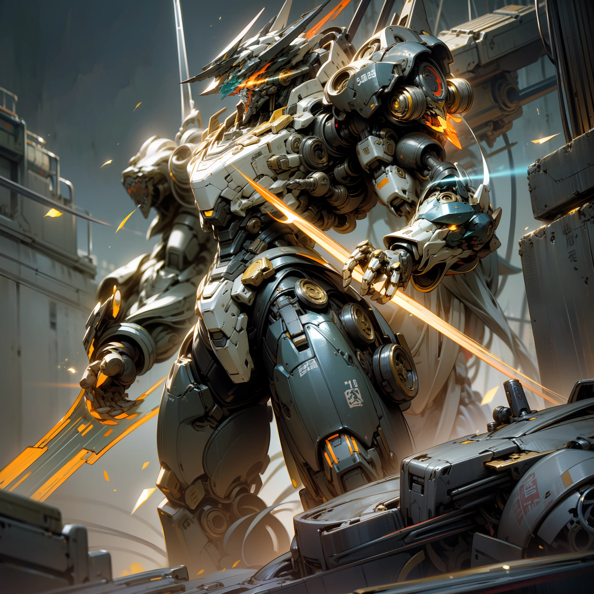 with light glowing，Reflective，（Tall mech：1.6），Amber gradient，（Use the plasma sword：1.3），There is a dragon particle effect，（taichi，Chinese Yin and Yang Bagua Five Elements：1.2），Machine armour wind，mechanical sense，sense of strength，Sense of space，combats，The prominent structure is reasonable，4K，High quality，Masterpieces，（of a real：1.4），drak，chinesedragon，Dark_fantasy,Cyberpunk,(Red:1.1),1人,Mechanical Wonder,Robotic presence,cybernetic guardians,wearing a worn-out mech suit，iintricate，（Steel metal[rusted]），ellegance，Clear focus，Photo by Greg Rutkowski，gentlesoftlighting，vivd colour，Pacific Rim