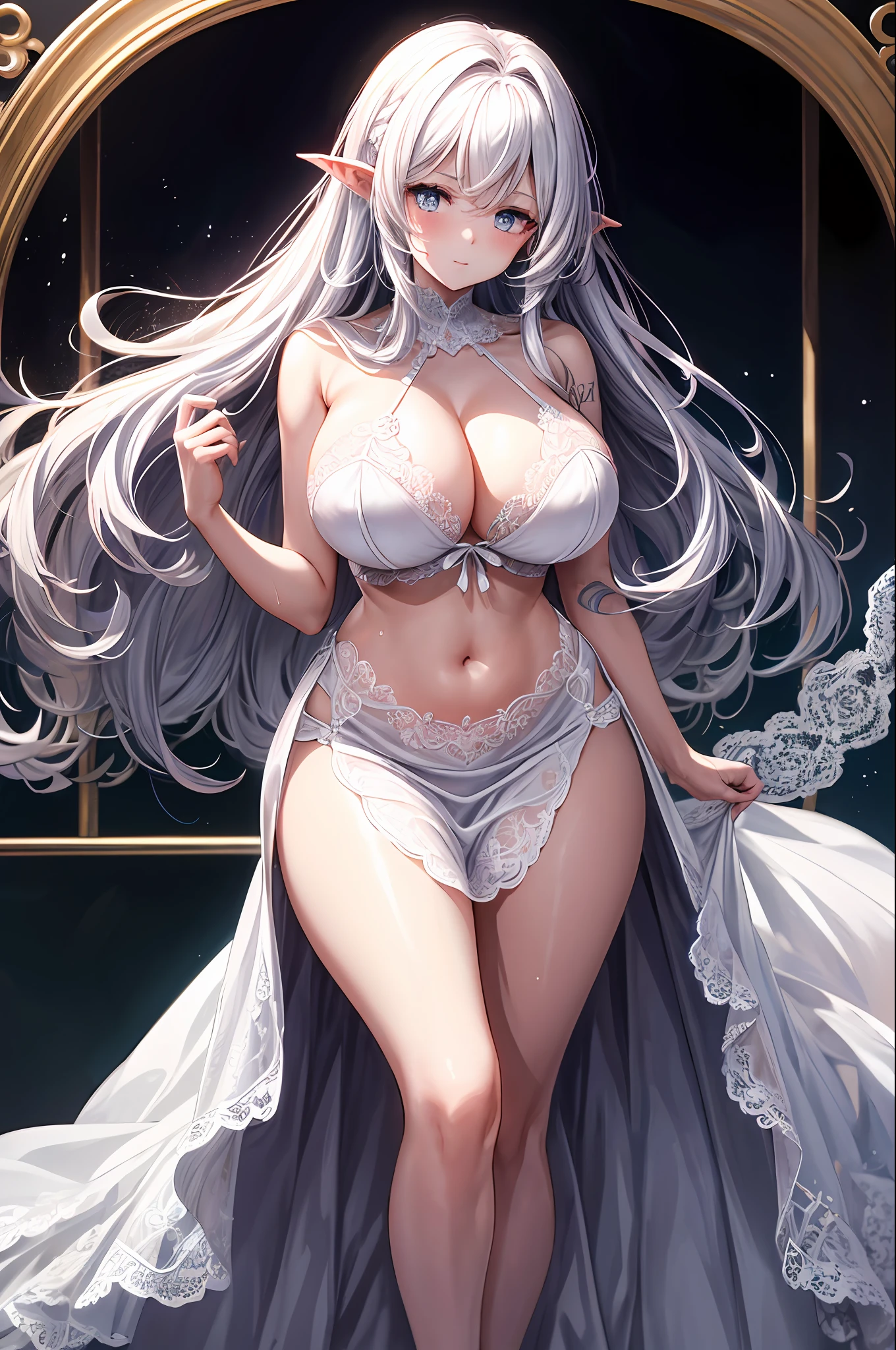 tmasterpiece，Wallpaper-level quality，A high resolution，A girl with long white hair，Pure erotic style，huge tit，succubi，Pink tattoo on the belly，Solid color dress，Get wet，Shy, Pure and seductive，Human wife face，Lace wedding dress，Tulle lace lingerie