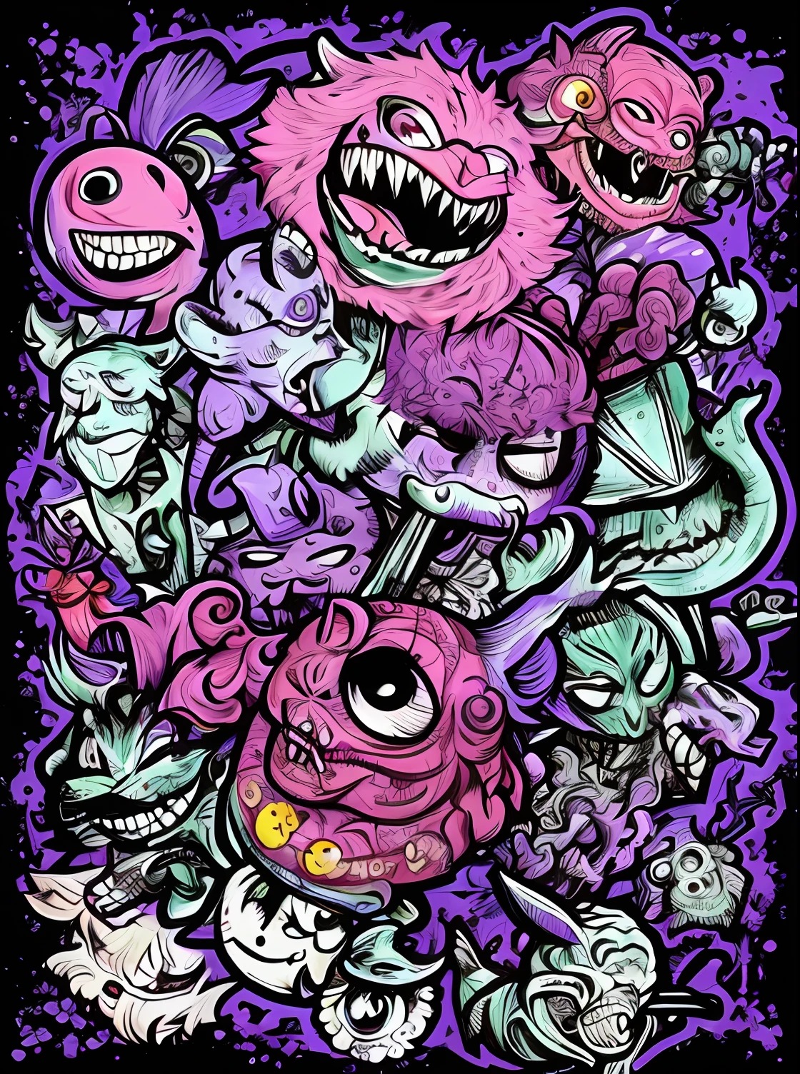 A poster of a group of monsters with a purple background, Intense MCBESS Hypervivid, Lowbrow art style, Estilo de arte de dibujos animados pintado a mano, Estilo de arte de graffiti, Monstruo de graffiti, Colorful illustration, Nightmare illustration, Arte estilo lowbrow, En el estilo Dan Mumford Artwork, Arte de dibujos animados vibrante, sticker illustration, !!! muy coherente!!! Arte vectorial, monster design
