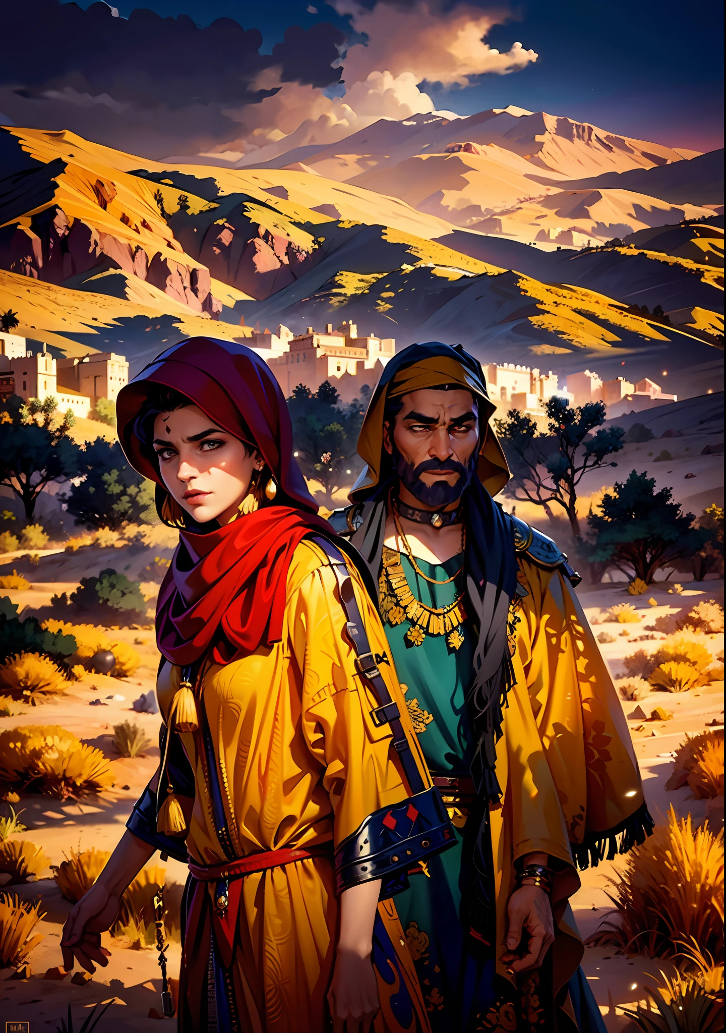 (Best Quality, Masterpiece), A cinematic movie poster for a historical film, cinematic, fade, Arabic couple, showcasing their Berber heritage, standing in the mesmerizing expanse of the desert. Their captivating gaze and powerful presence bring alive a cinematic atmosphere under the enchanting night sky, cinematic fade, mist, night sky, look at the viewer,