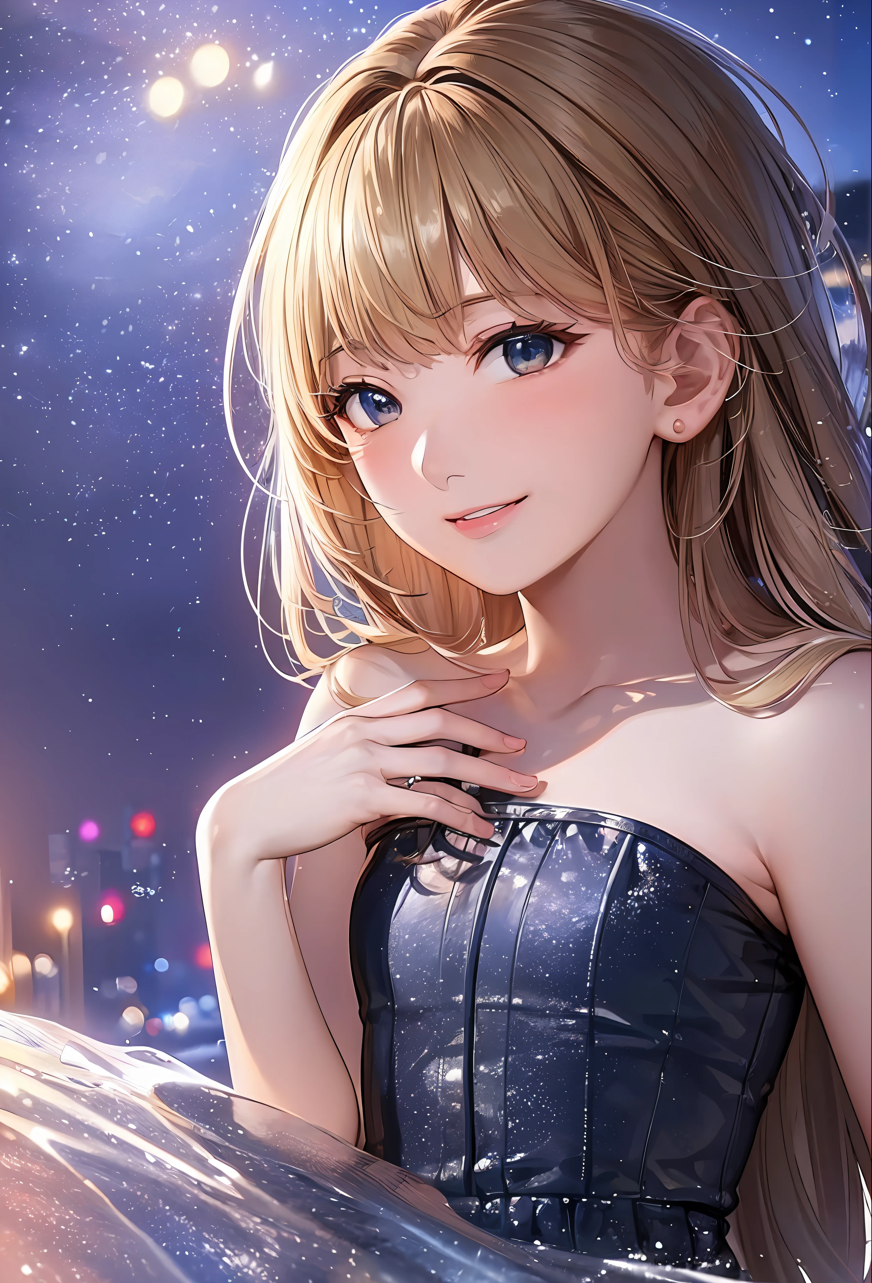 (8k, top quality, masterpiece: 1.2), (realistic, photorealistic: 1.37), super detailed, girl single, cute, solo, midnight, beautiful detailed sky, detailed café, sitting, date, (blush), (smile: 1.15), small breasts (mouth closed), beautiful fine eyes, floating hair NovaFrogStyle, back open dress