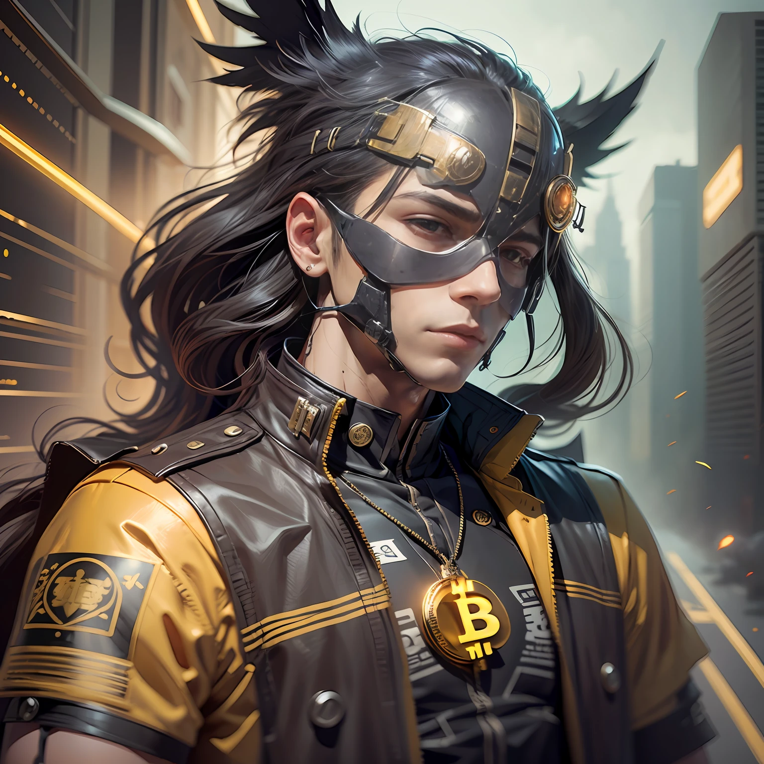 EAGLE CHARACTER black, encapuzado, com colar de bitcoin, cyberpuk, red neon mask