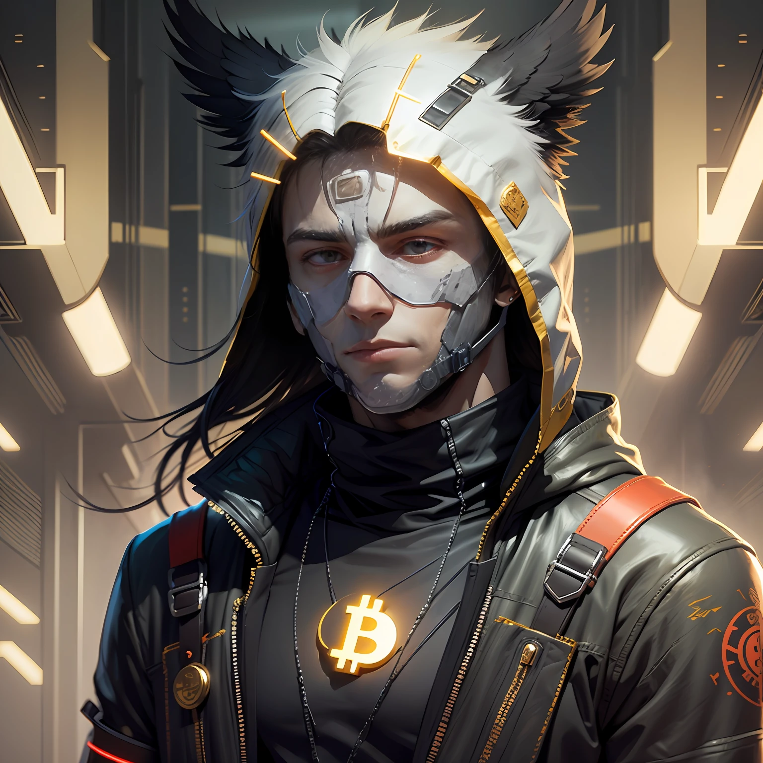 EAGLE CHARACTER black, encapuzado, com colar de bitcoin, cyberpuk, red neon mask